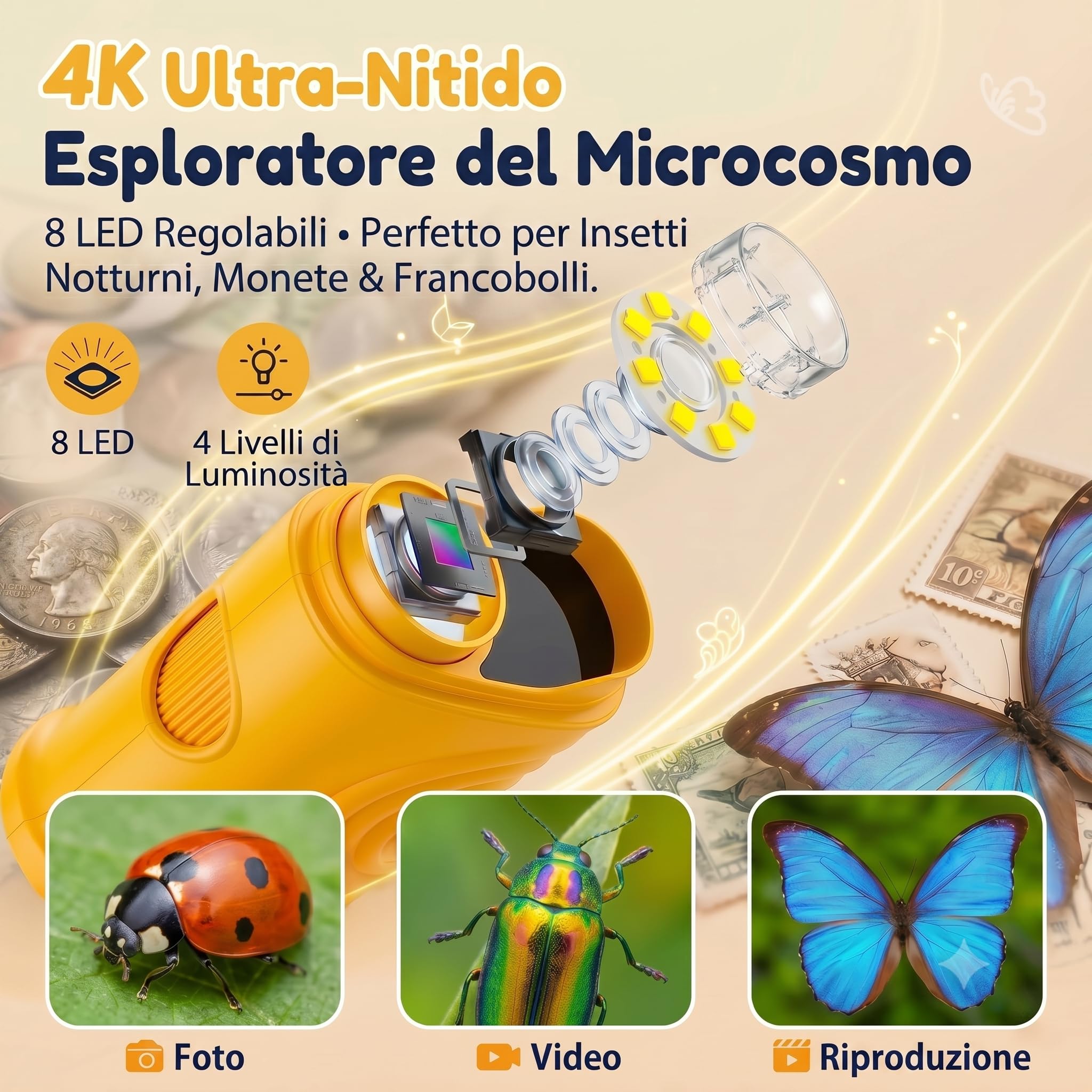 Microscopio Bambini, Microscopio Digitale 1000X 4K con Schermo 2,4″, 8 LED, USB Ricaricabile, Giocattolo Educativo per Scuola, Idea Regalo di Natale e Ritorno a Scuola, per Bambini 3–12 Anni