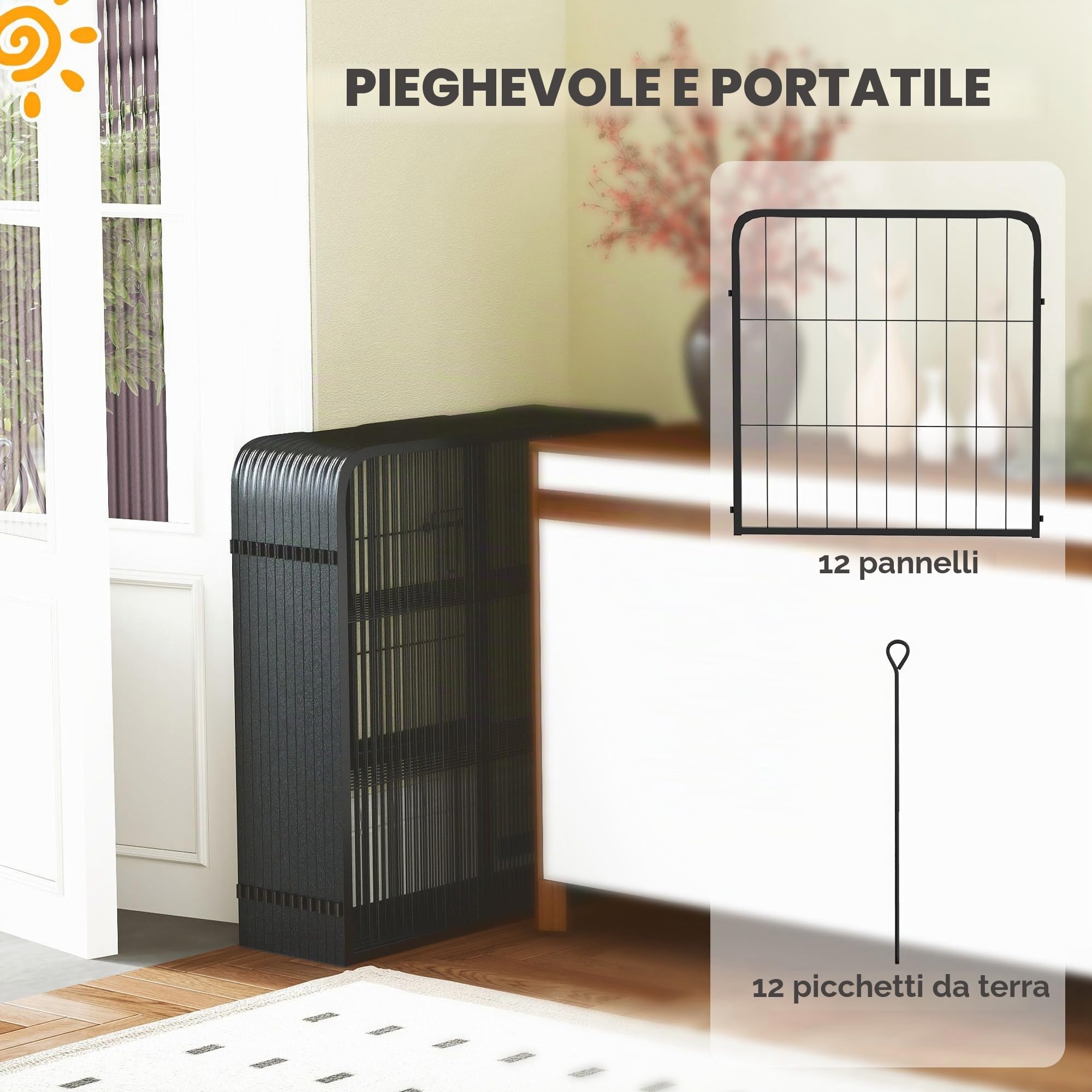 PawHut Recinto per cani 12 pannelli Recinto per cuccioli, 60 cm alto Nero | Recinto per cani in acciaio per razze piccole