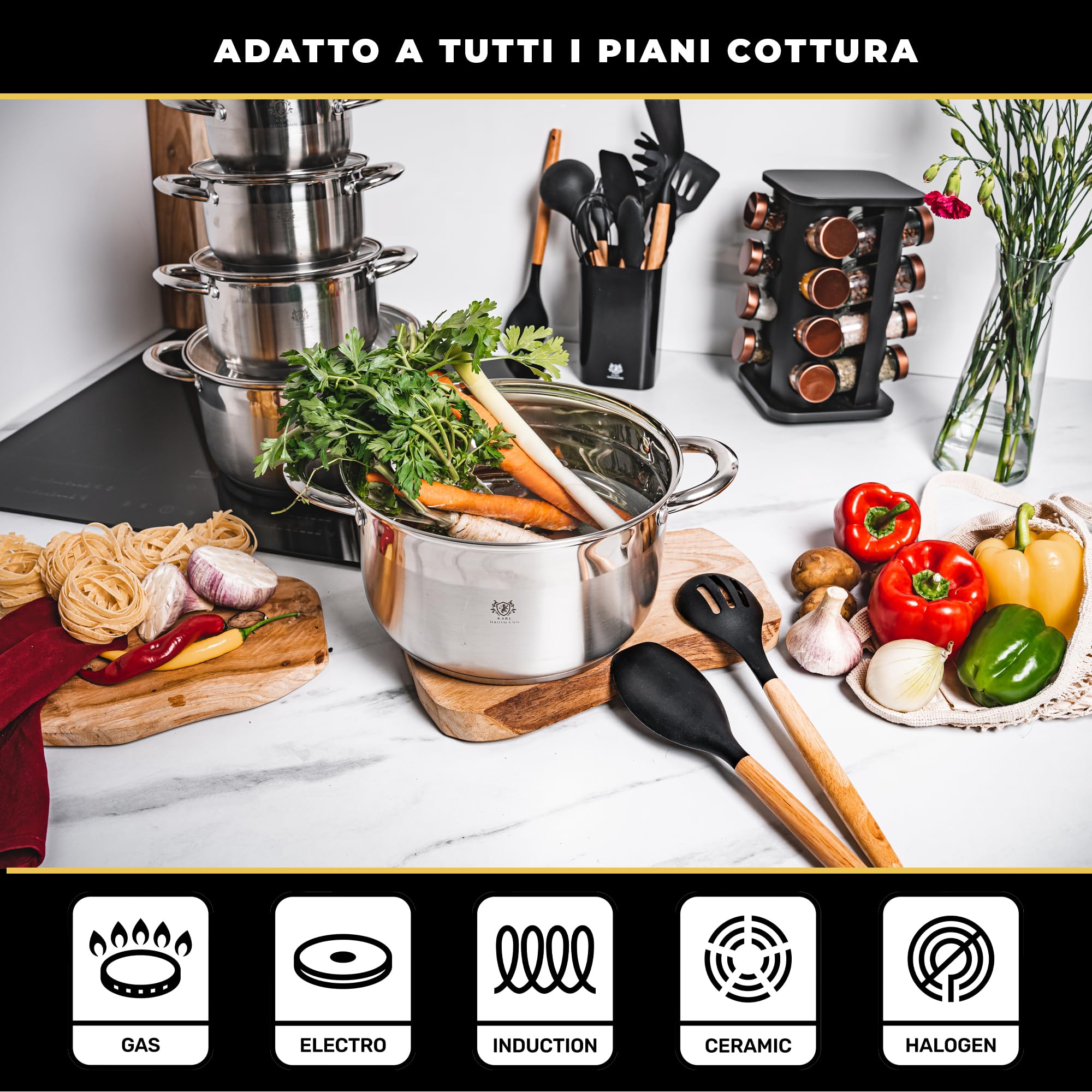 KARL HAUSMANN Pentola Acciaio Inox - 1.3L - 14 cm - Casseruola Induzione con Coperchio Vetro - Pentola Inox 18/0 - Scala Misura - Per Tutti i Fuochi - Pentole Acciaio Inossidabile
