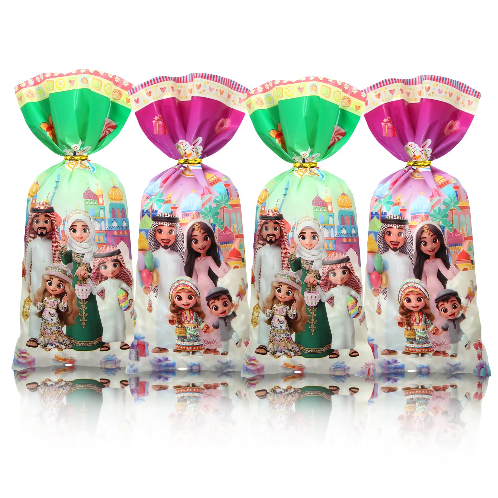 50 Pcs Eid Mubarak Goodie Bags, 12.5 x 27 cm Green & Purple Treat Bags with for Eid al-Fitr, Ramadan, Party Favors, Candy, Gifts