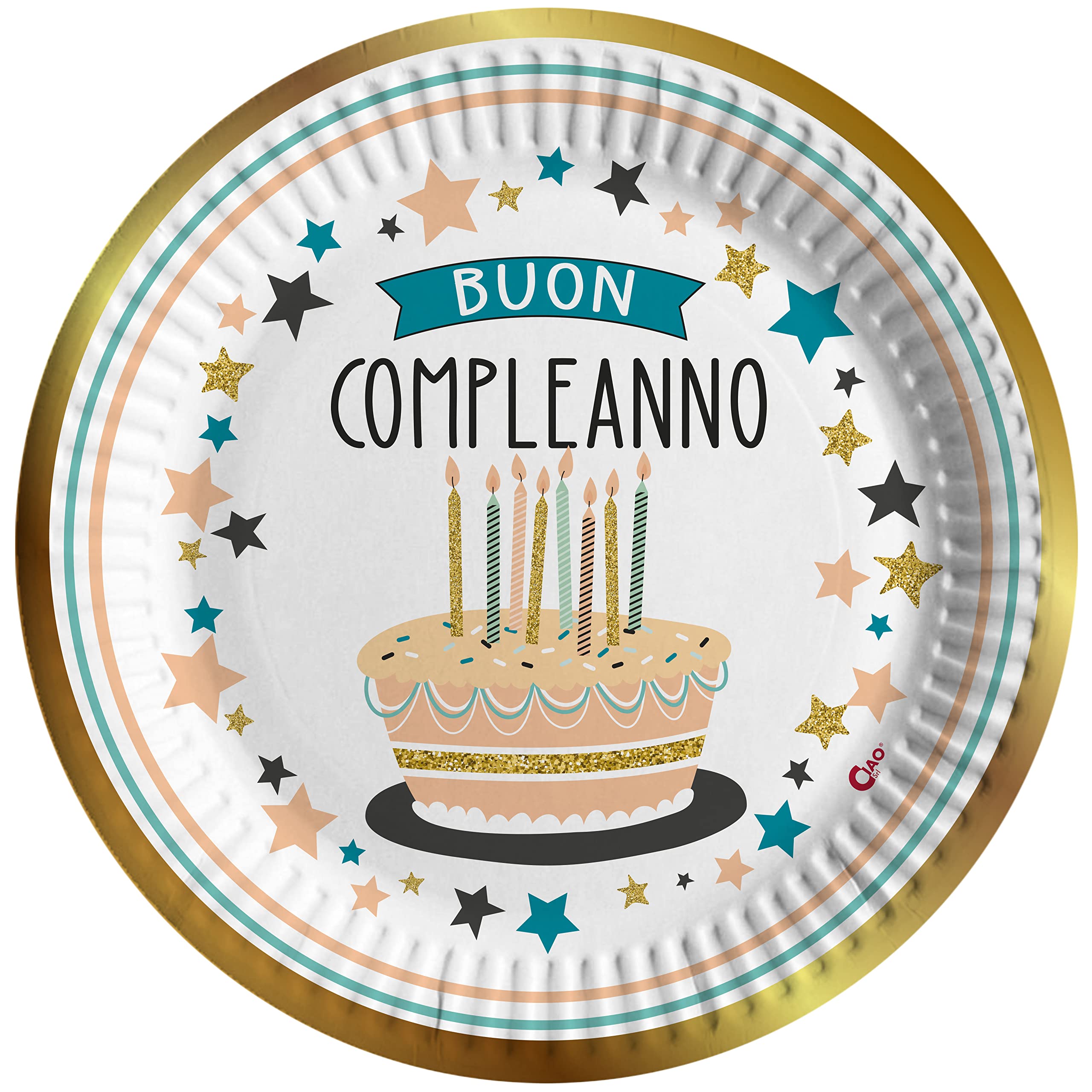 Ciao - Happy Birthday Compostable Paper Plates Shiny Gold (Ø23cm), 8 Pieces 22-24cm, Gold, White, 34749