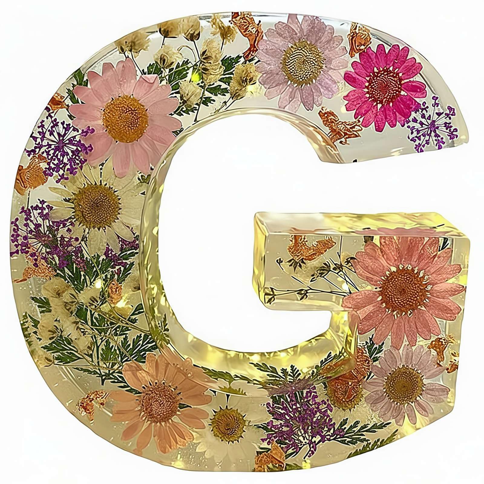Resin Ornament Kit, Resin Letters with Flowers, Dried Floral Resi N Night Light Letter with LED Lights, Endless Custom Decor Possibilities (G)