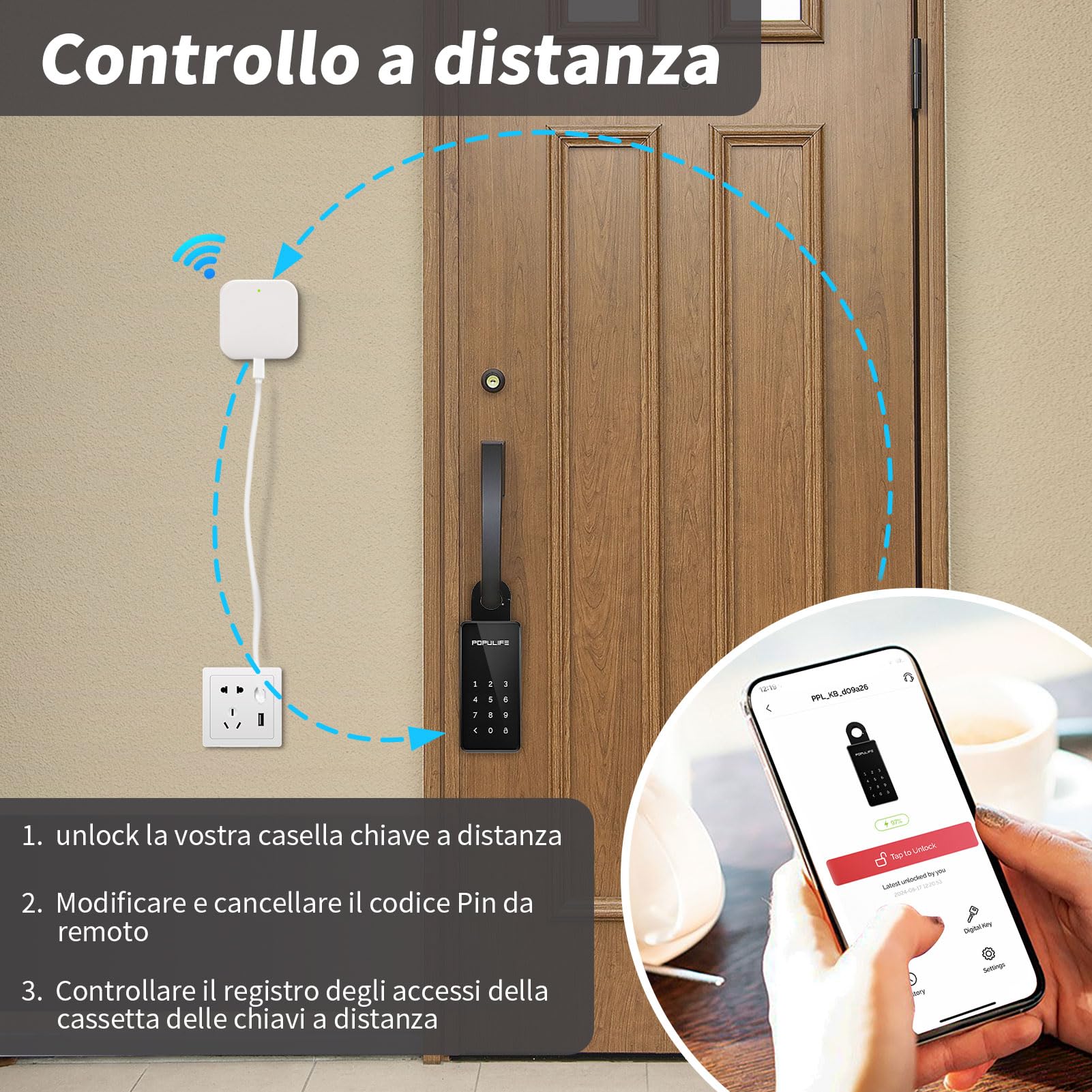 Populife Cassetta Chiavi WiFi con Gateway, Smart Cassetta Chiavi con Codice, Cassa di Sicurezza per Esterni con Controllo Remoto Wireless, Montabile a Parete e su Maniglia Key Box, Impermeabile IP66