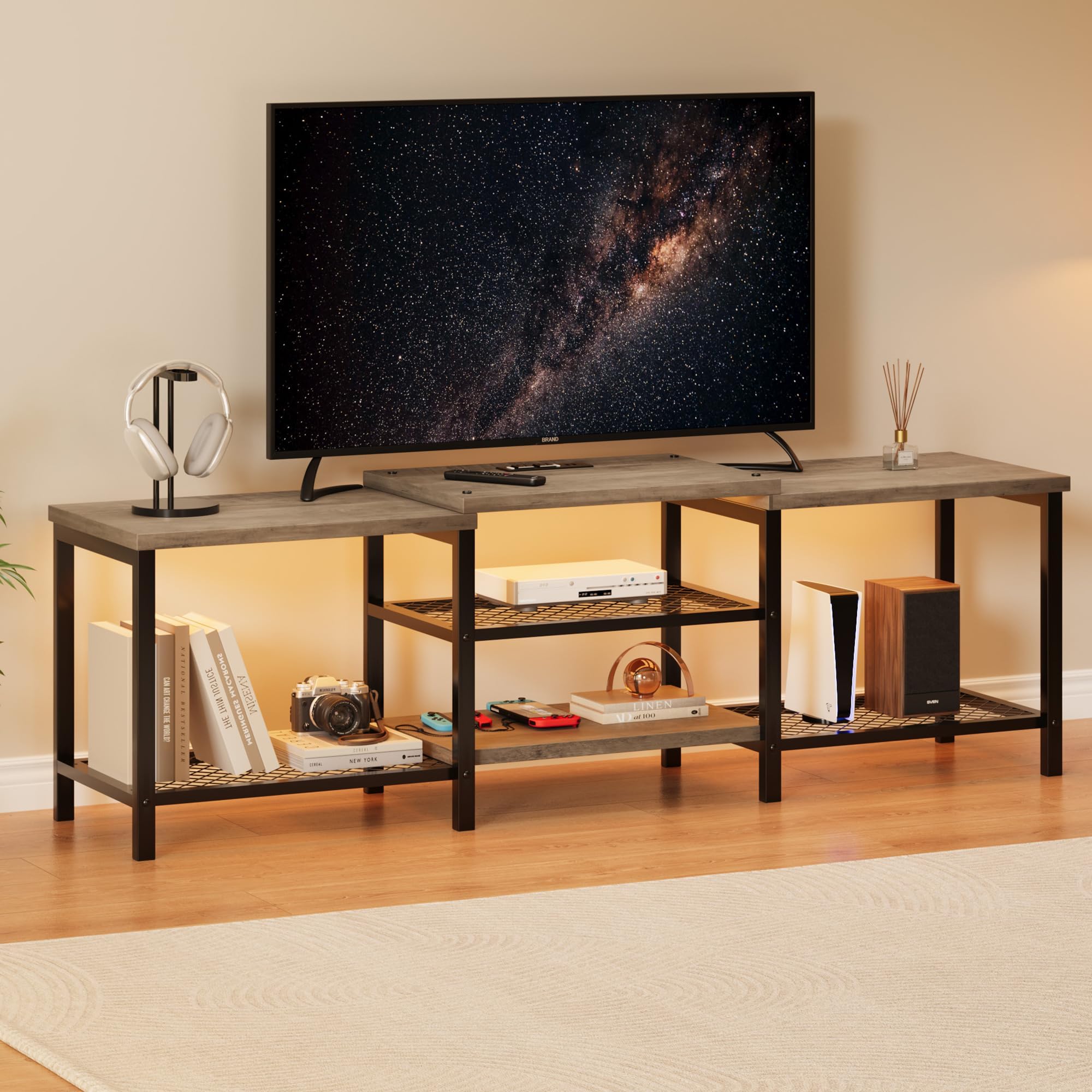 Garvee TV-Lowboard für Fernseher bis 75 Zoll – Modernes Medienmöbel mit LED-Beleuchtung, Steckdose – Offene Ablagen – Viel Stauraum als TV-Konsole oder Wohnzimmerschrank – Farbe: Grau
