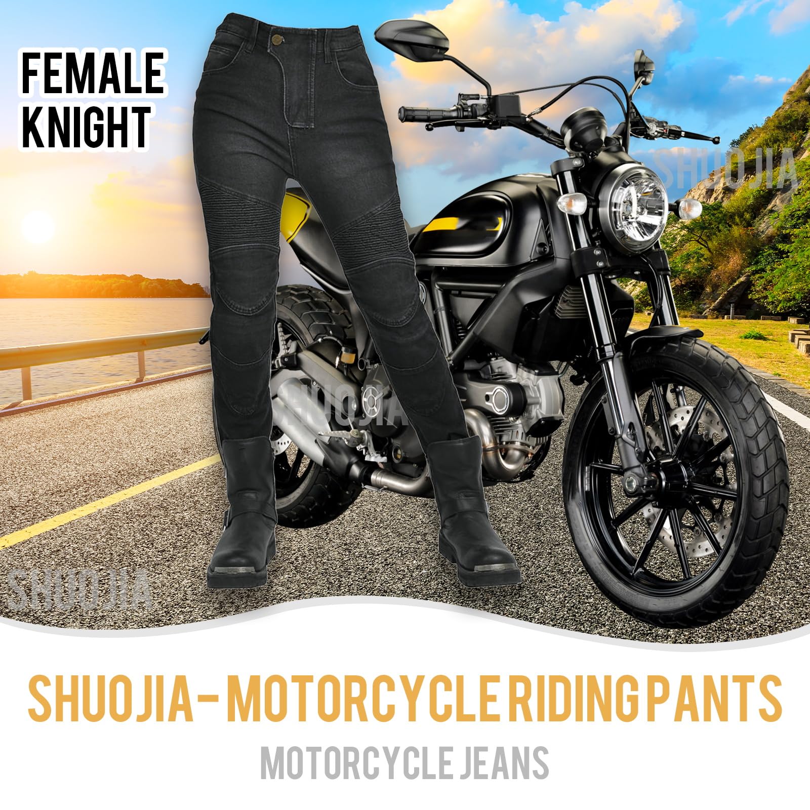Pantaloni Moto Donna, Pantaloni da motociclista Elasticizzati Pantaloni da motociclista protettivi da gara slim fit Jeans da Moto con 4 imbottiture protettive rimovibili (Black,S)