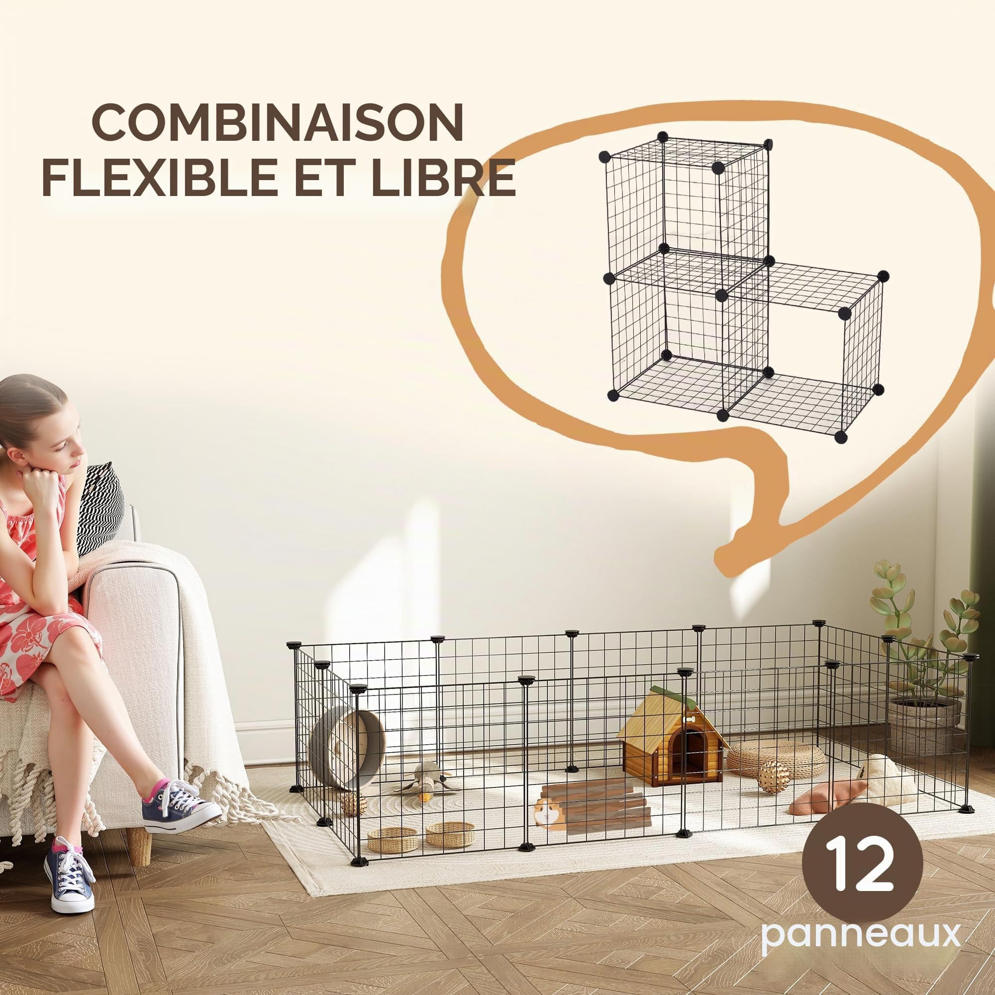 Pawhut Clôture métallique pour Animaux de Compagnie avec 12 Panneaux Parc métallique pour Petits Animaux Amovible Design Bricolage Noir 106 x 73 x 36 cm