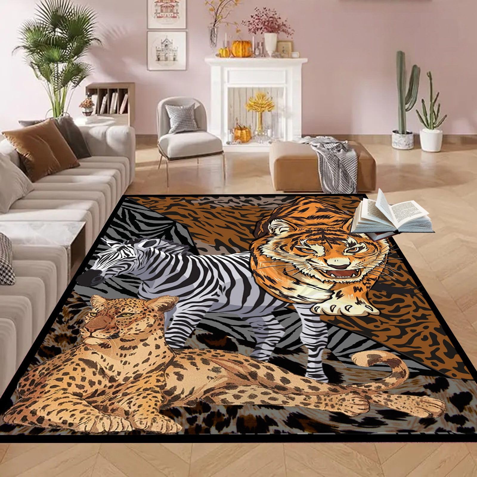 ZLXMN Brown Leopard Tiger Area Rug，5x7ft, Black and White Zebra Rug, Rustic Decor Animal Skin Non Slip Rugs ，Indoor Rug for Living Room， Large Rugs