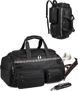 Duffle Bag for Women, Large Convertible Carry on Overnight Backpack | Designer Leather Mens Weekend Bags for Travel, Business, Trip, Daily, Gift, Work, Black