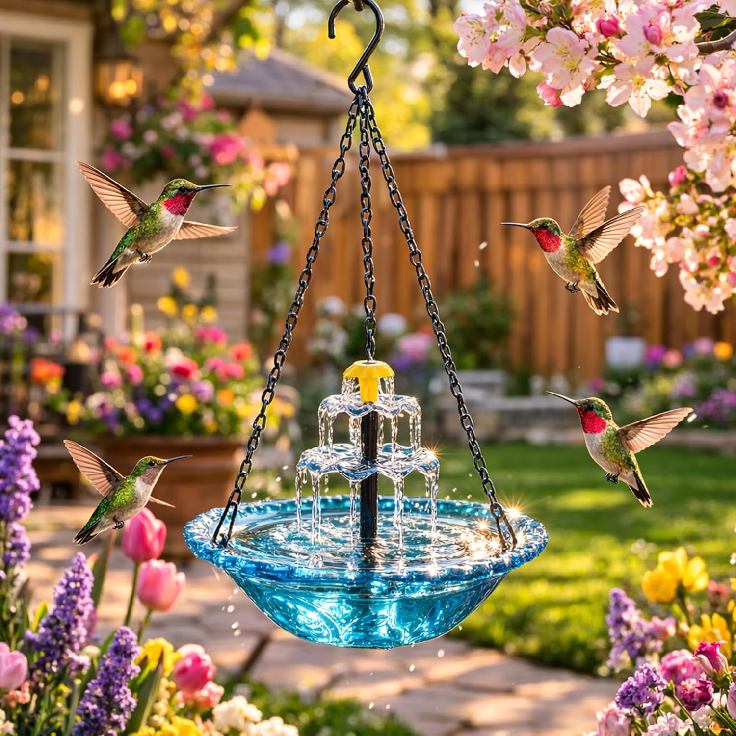 Solar Cascade Hanging Bird Bath Fountain, 9.84''W Outdoor Hanging Bird Bath with Solar Fountain,Large Humming Birds Baths Fountains with Solars Pump & Glass Bowl,for Outdoor,Gardens (3 Layers-Blue)