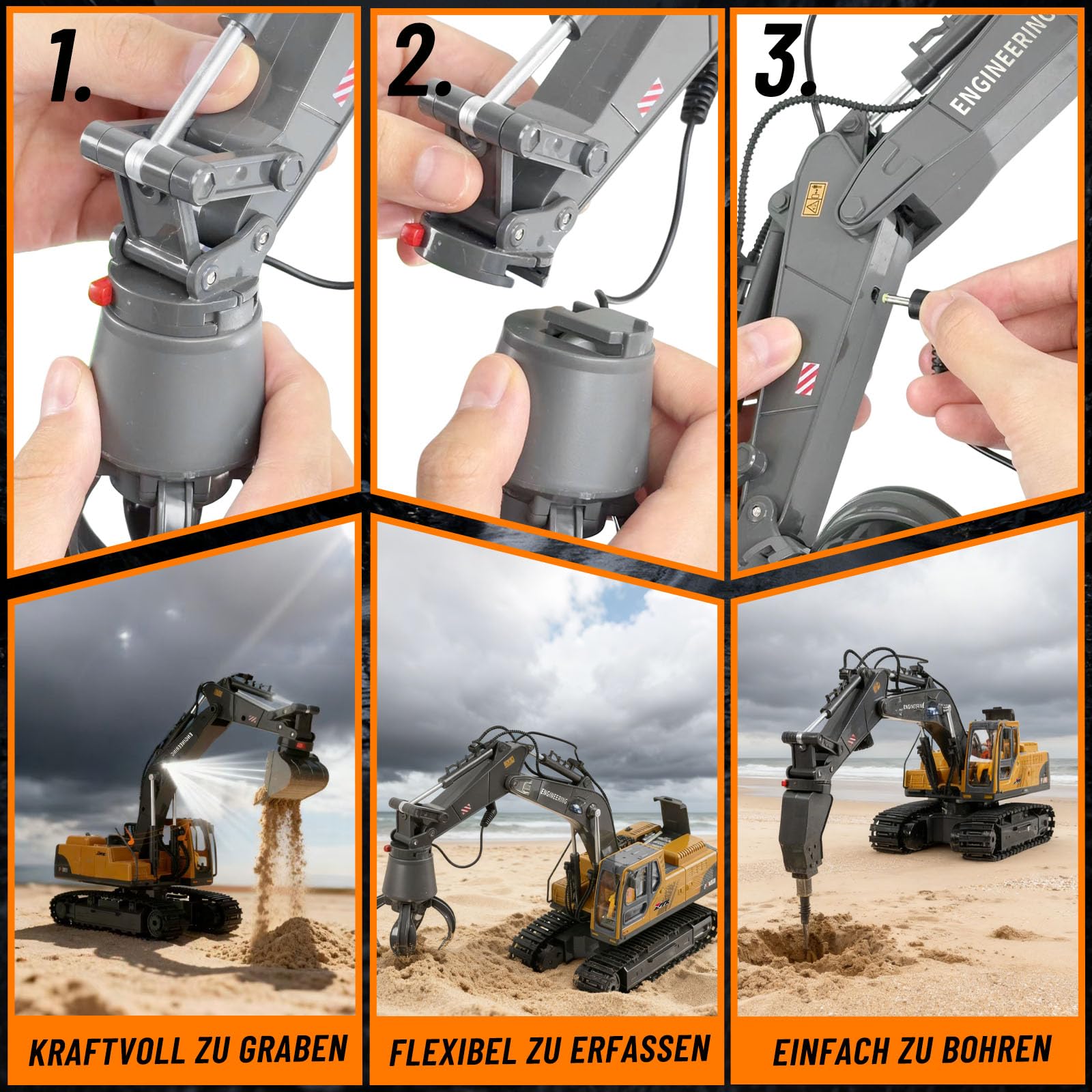 kolegend 3-in-1 Ferngesteuerter Bagger, 14-Kanal RC Bagger Spielzeug mit DREI Metallköpfen, 680° Drehbarer Radlader mit Lichtern & Musik, Geschenk Ab 6-12 Jahre