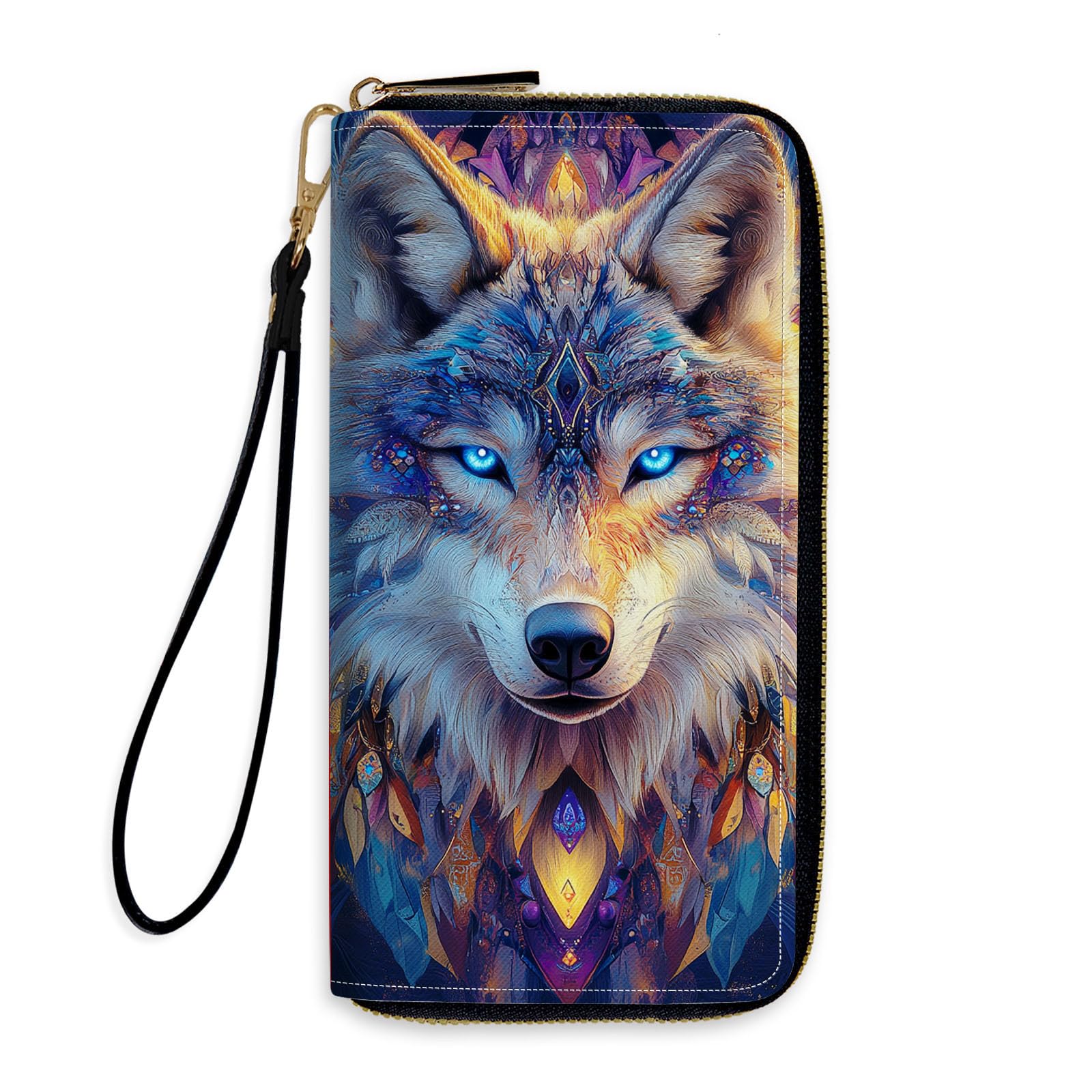 women's wallets Zip Leather with RFID Blocking,Credit Card Cash Phone Wallet Travel Purse Large Capacity Wristlet Design,, Wolf Spirit Art, 7.6" x 3.8" x 0.82", Minimalist
