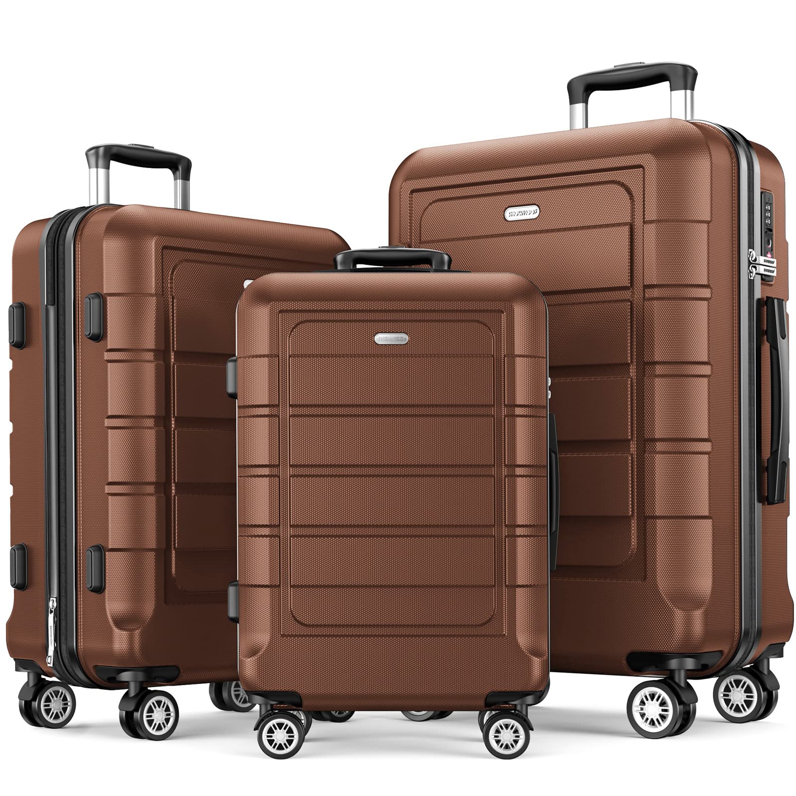 SHOWKOOLuggage Sets 3 Piece Expandable PC+ABS Hard Shell Suitcase Lightweight Durable Double Spinner Wheels TSA Lock (20"24"28"- Brown)