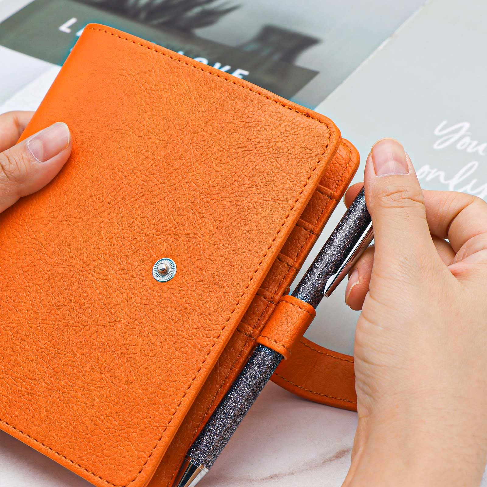 Raccoglitore per contanti, formato A7, mini planner arancione, in pelle PU, con 6 anelli, chiusura a scatto, per borsa, diario, carta A7, buste per contanti