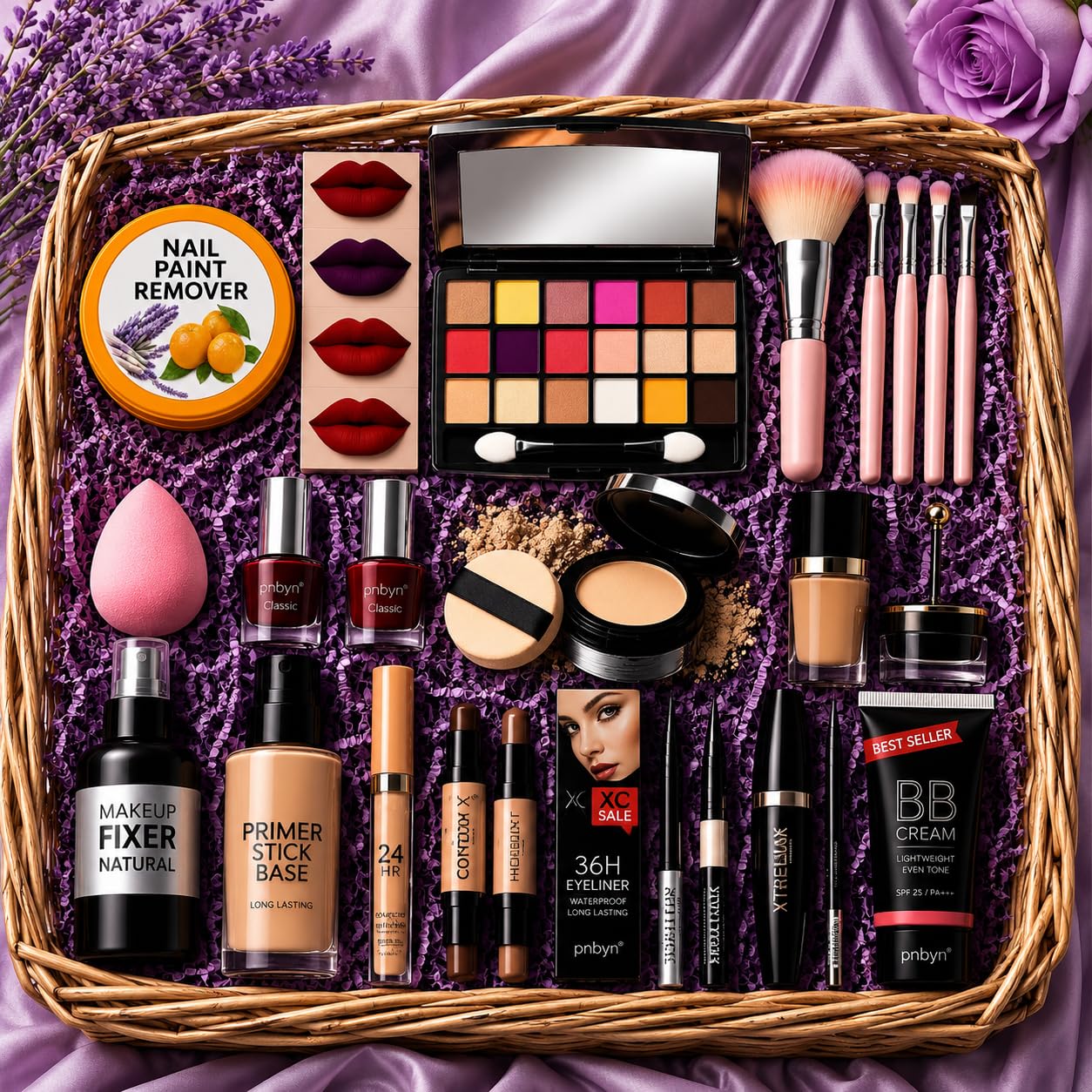 complete makeup kit combo with brushes, eyeshadow palette & bb cream | 20-piece collection, includes nail remover, 36h waterproof eyeliner, spf 25 bb cream, wicker basket set
