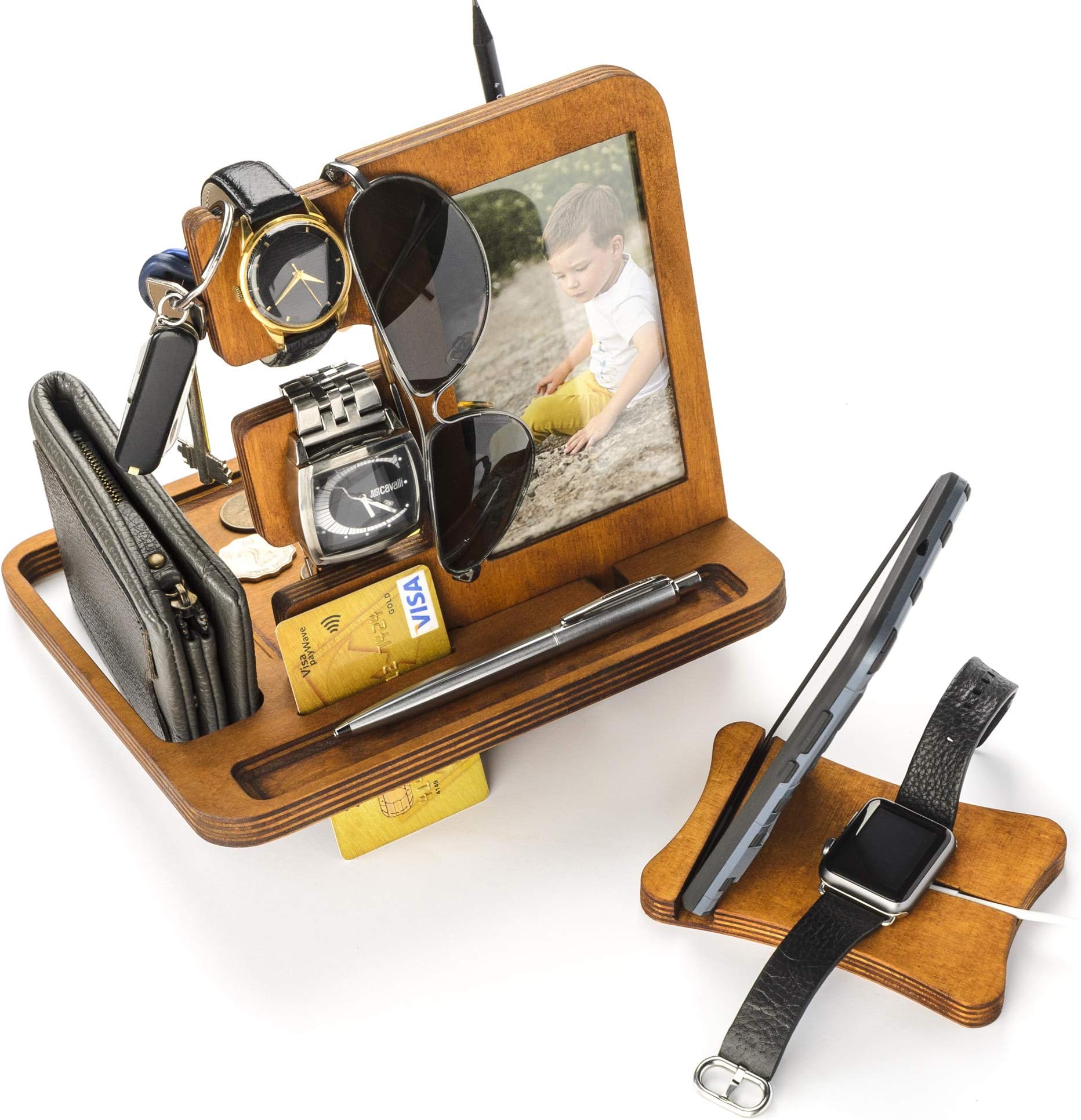 Wooden Phone Docking Station - Nightstand Organizer for Men - Phone Tablet Watch Holder - Wallet Watch Stand - Anniversary for Men's - Gifts for Him for Husband from Wife