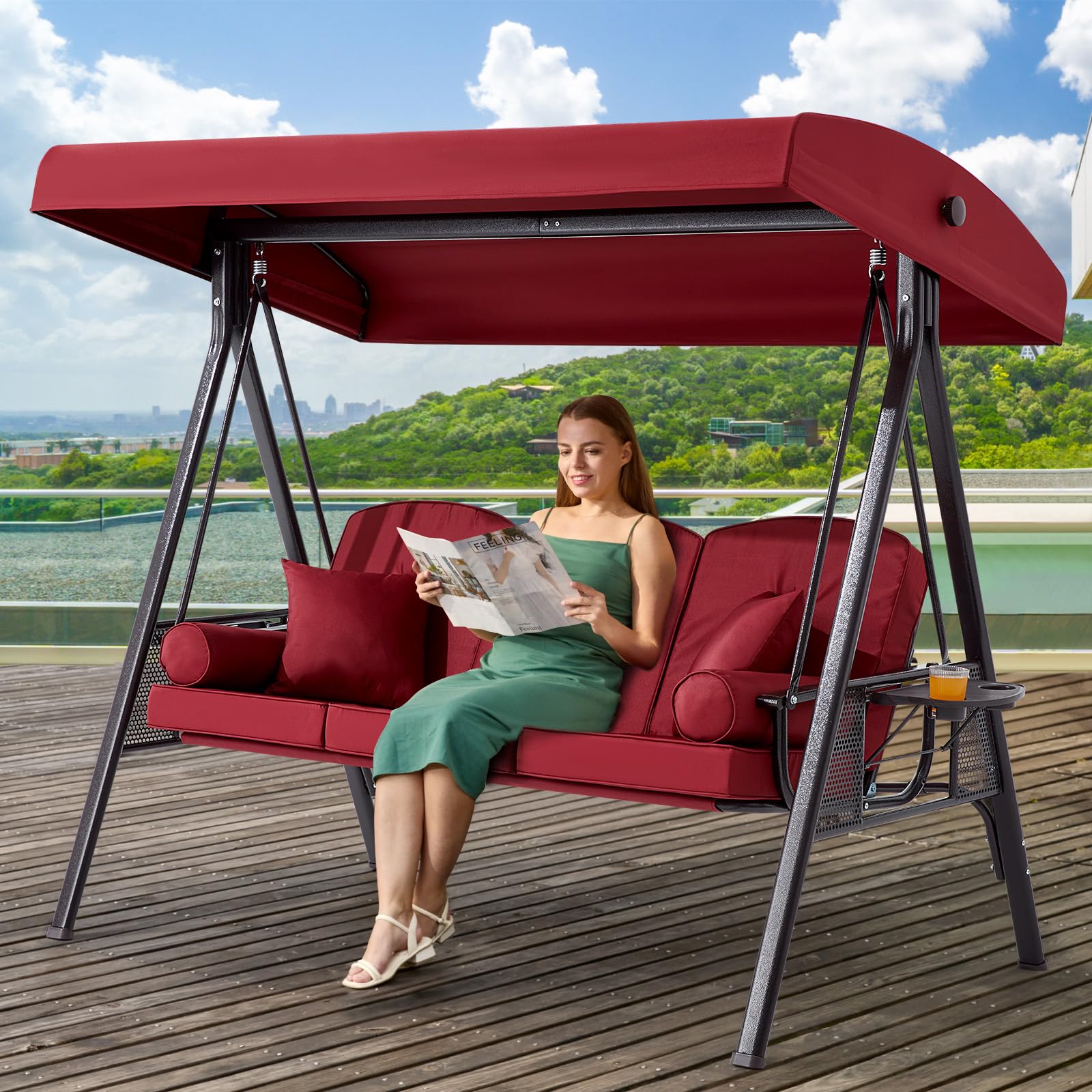 3 Seat Outdoor Patio Porch Swing with Adjustable Canopy, 3 in 1 Swing for Adults, Patio Swing Chair with Thickened Cushions,Pillows &amp; Cup Holders for Backyard, Porch, Garden (Wine ReD)