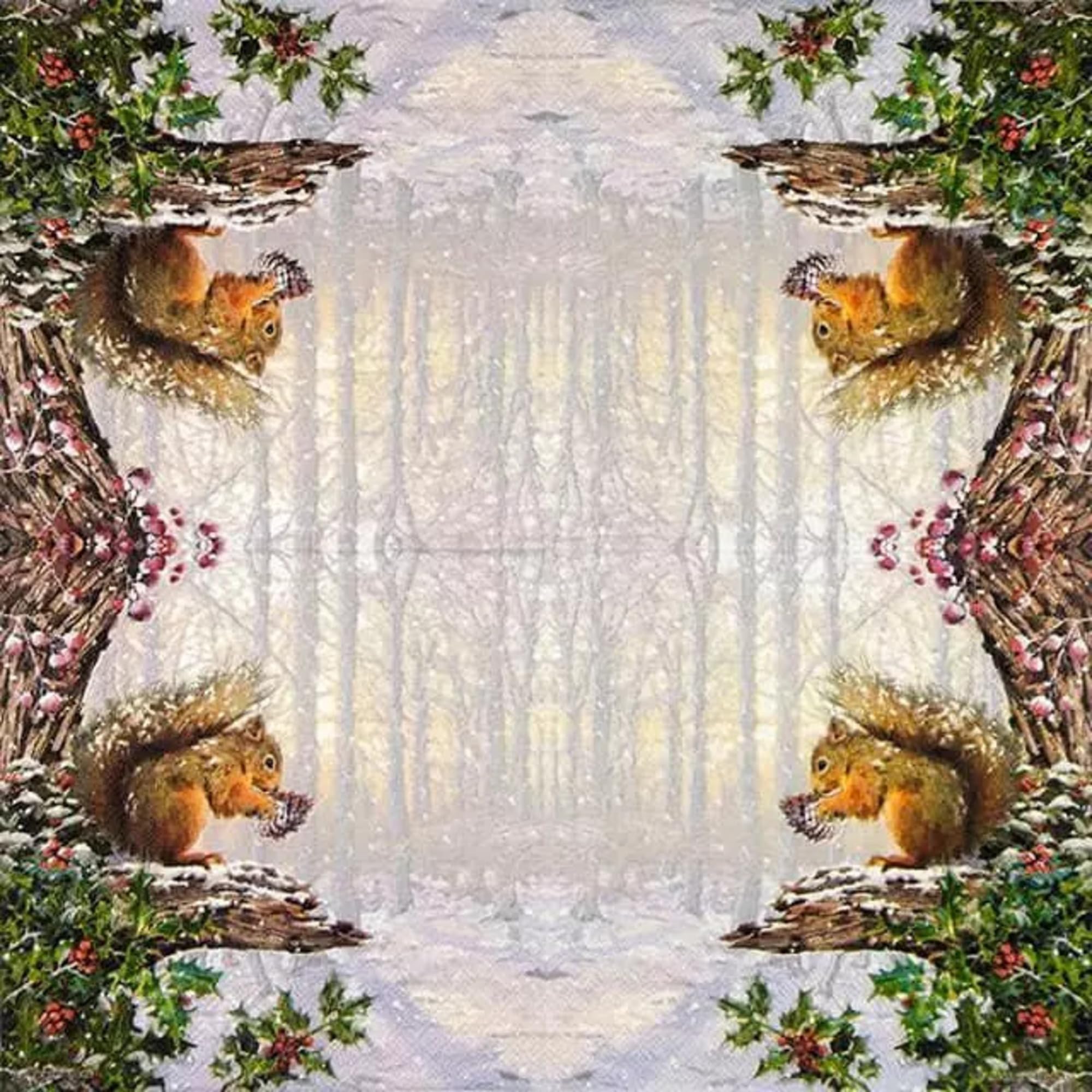 Set of 2 Individual Decoupage Paper Party Napkin Christmas Squirrel Forest Winter Watercolor Decor Luncheon Napkins for a Birthday Holiday, Wedding, Cocktail Party