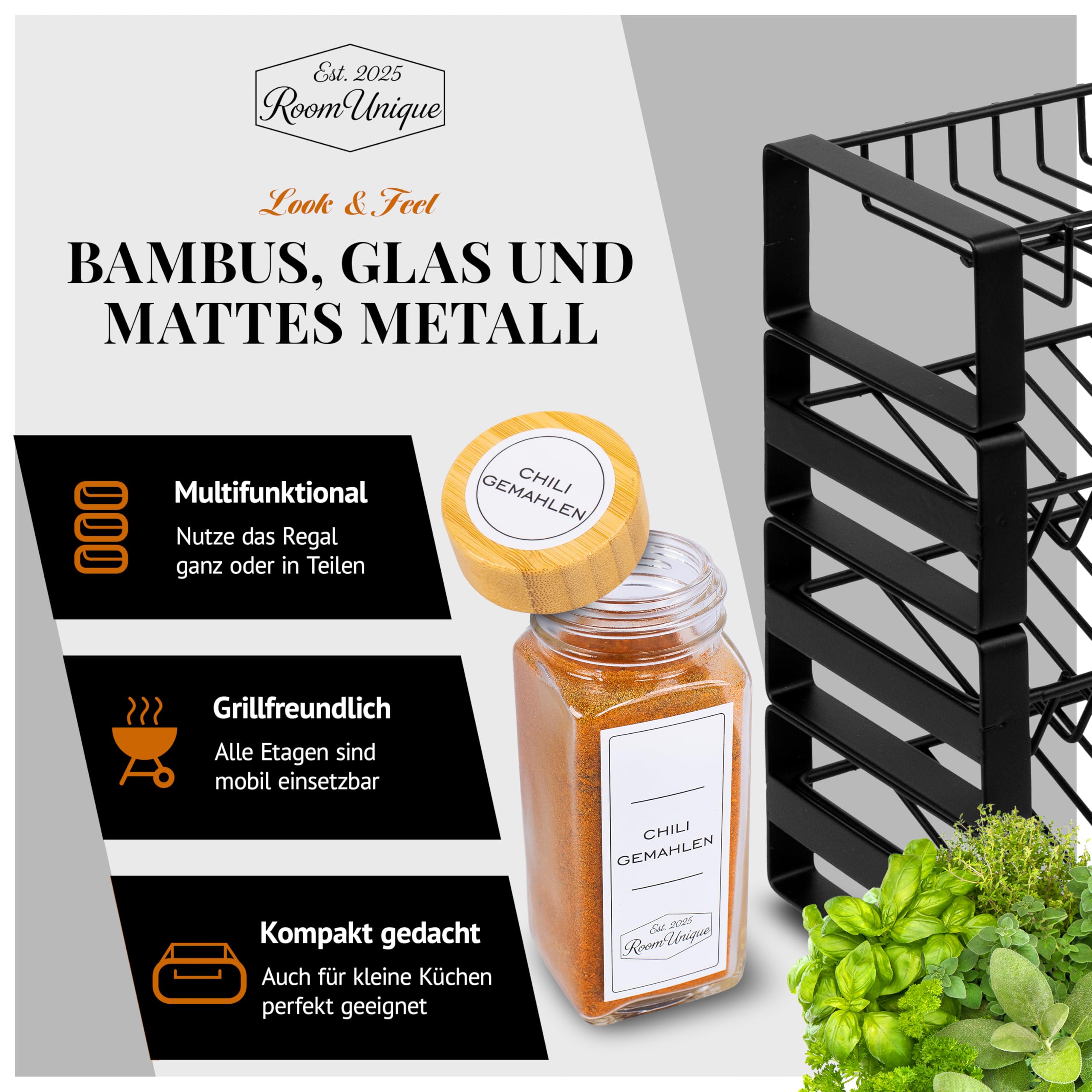 Gewürzregal mit Gewürzgläsern | 21 Gläser a 120 ml mit Bambusdeckel | Etiketten | Streueinsätze | Trichter+Bürste | Metallregal 36,6×25×11 cm | Modular + beschriftbar | inkl. Marker