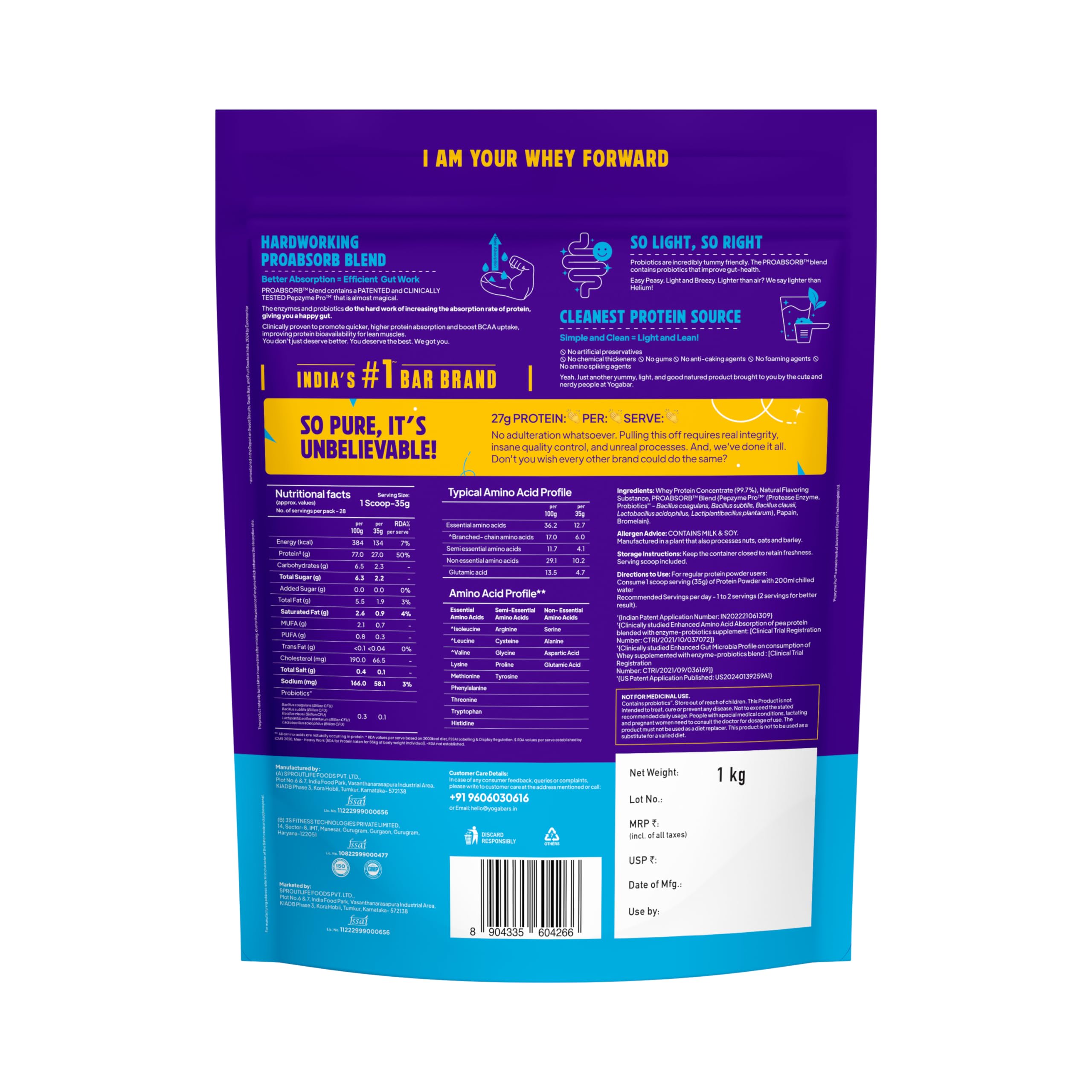 Yogabar ProClean Whey Protein Concentrate 1kg | 27g Protein per Serve | Unflavoured Whey Protein Powder | Clean & Light | Patented & Clinically Tested Pro-Absorb Blend