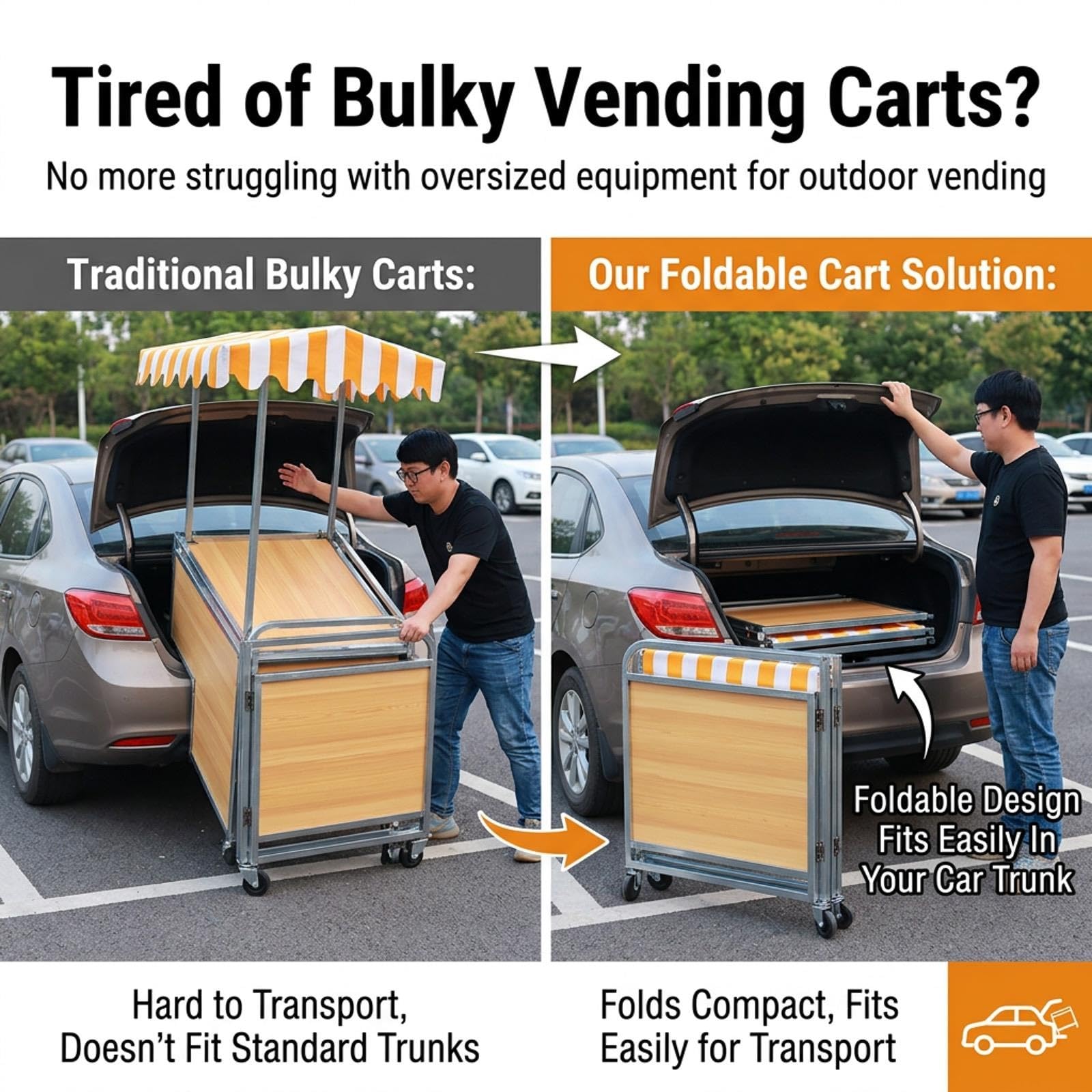 Carrello vendita portatile con tenda, spazio e piano largo