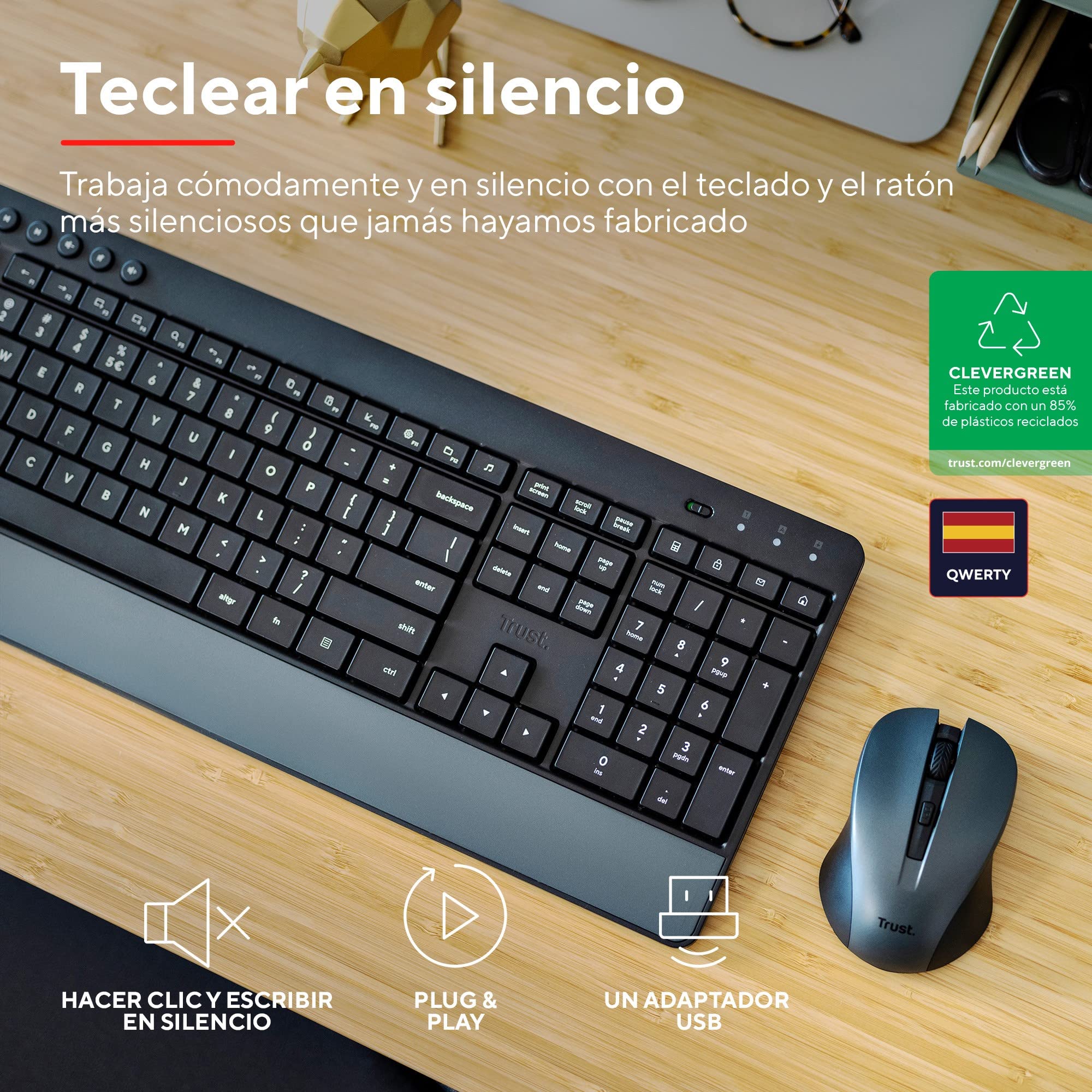 Trust Trezo Spanish QWERTY Wireless Keyboard and Mouse, Sustainable Design, Silent and Ergonomic Keyboard, Wrist Rest, 48 Months of Battery, 2.4 GHz, Mac, PC, Laptop