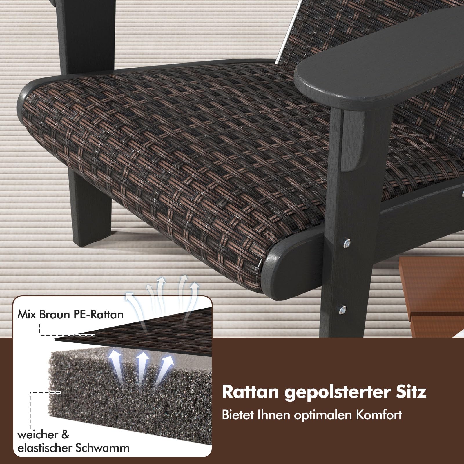 COSTWAY Adirondack Stuhl mit Getränkehalter, Adirondack Chair aus HDPE und Rattan, Gartensessel mit gepolstertem Sitz und Rückenlehne, für Garten, Terrasse (Schwarz + Braun gemischt)