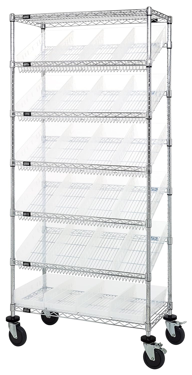 Quantum MWRS-7-108CL Chrome Mobile Bin System Unit with (24) QSB108CL Clear Bins (2) Flat and (5) Slanted Wire Shelves for Industrial Warehouse | 400 lbs Capacity | 36"W x 18"D x 80"H, Carbon Steel