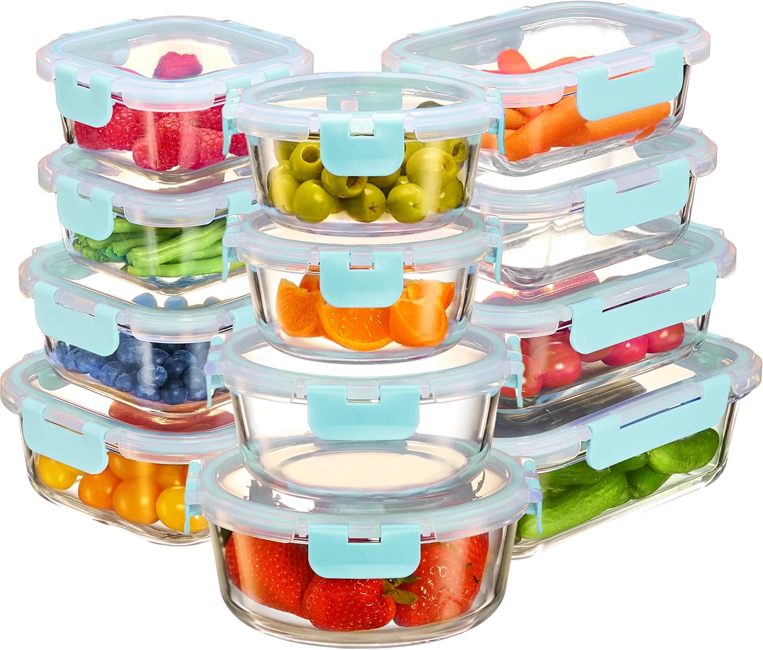 FineDine 24 Piece Glass Storage Containers with Lids - Leak Proof, Dishwasher Safe Glass Food Storage Containers for Meal Prep or Leftovers, Teal