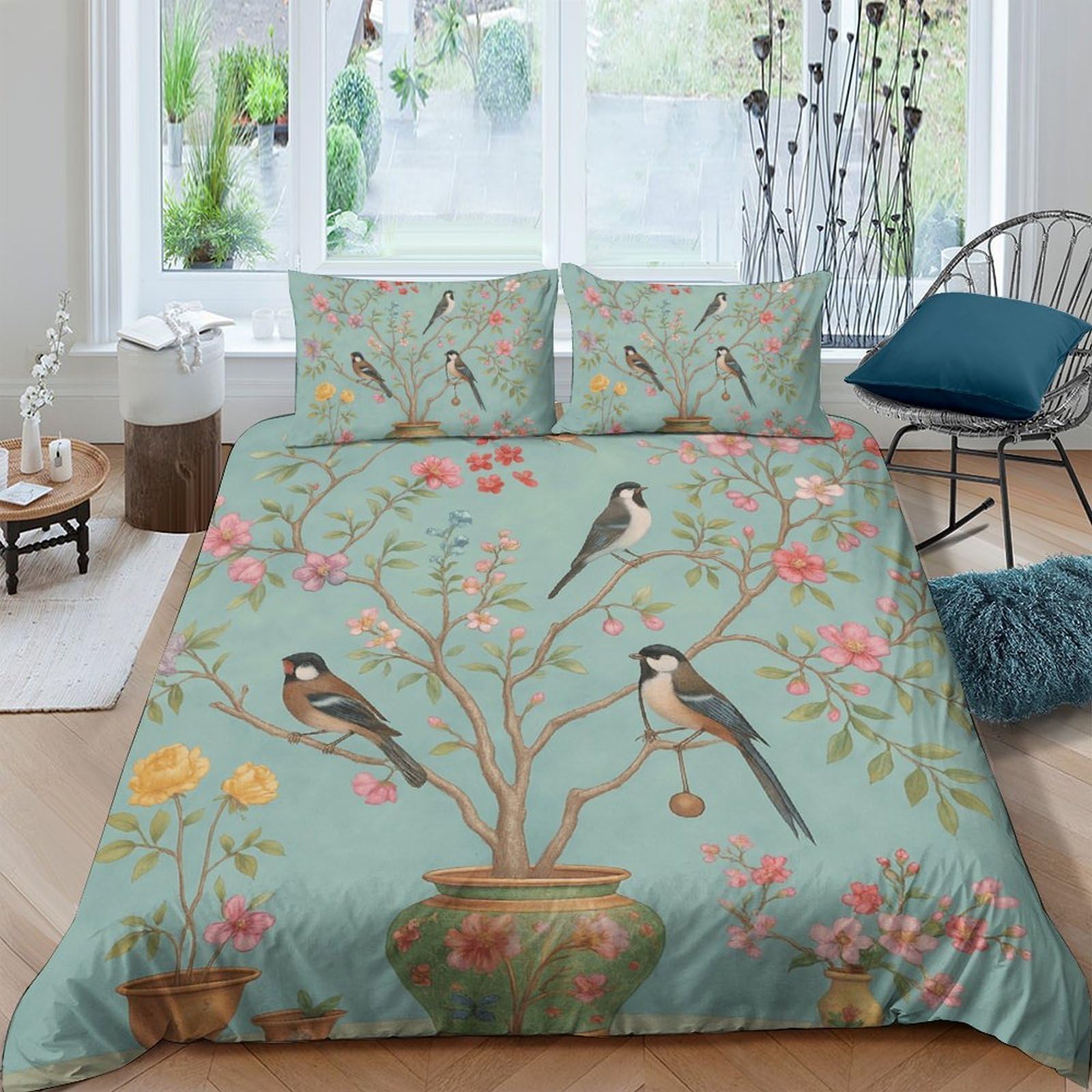 Unrxjzlvm Style-4 Botanical Bird Print Duvet Set Microfiber Bedroom Teen Home
