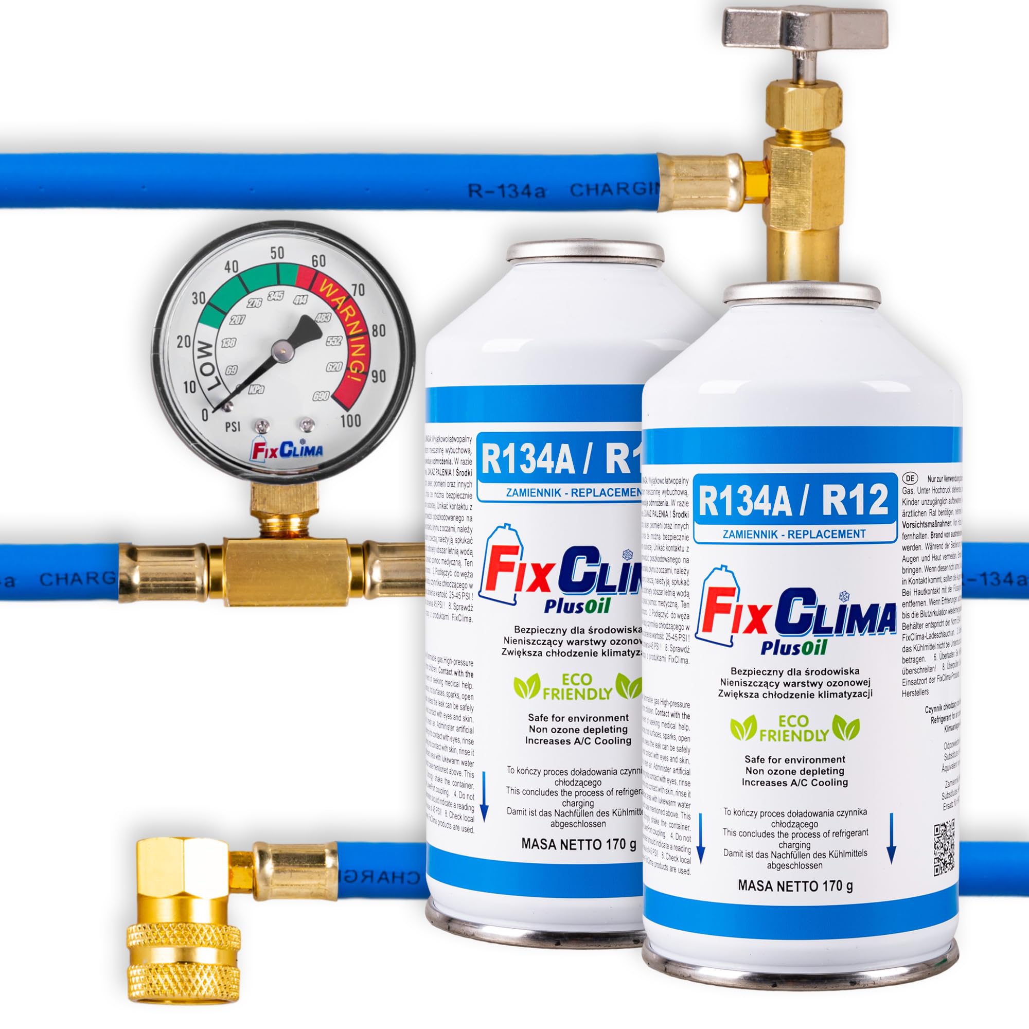 FixClima Klimaanlage Auto Nachfüllset R134a R12 Ersatz – 2x Kältemittel Gas (2x 170g) & Füllschlauch mit Manometer – für Fahrzeuge 1994-2016 – Inkl. Öl & Dichtungsmittel – DIY Klimaservice Set