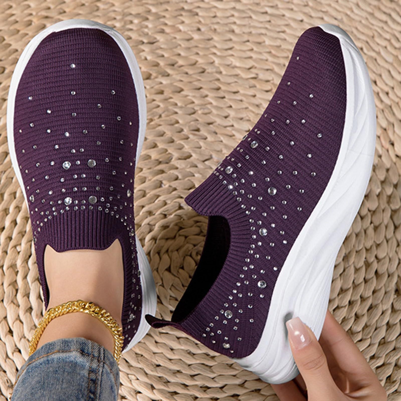 Damskie buty sportowe Y2K Sparkly Slip on Stretch, dzianinowe skarpety trampki z detalami ze strasu, na wieczorne spacery i spacery po mieście, Fioletowy, 39.5 EU