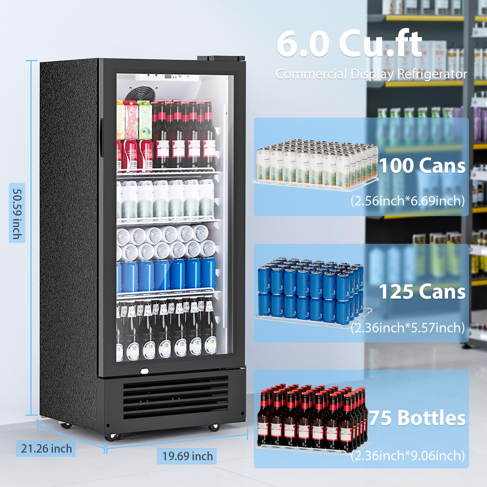 Cowsar 6 Cu.Ft. Beverage Refrigerator, Refrigerator Display With Double-Tempered Glass Door Glass Door Fridge W/Adjustable Shelves For Bar Restaurant Office,Etl Listed on Fridge.com - View 3