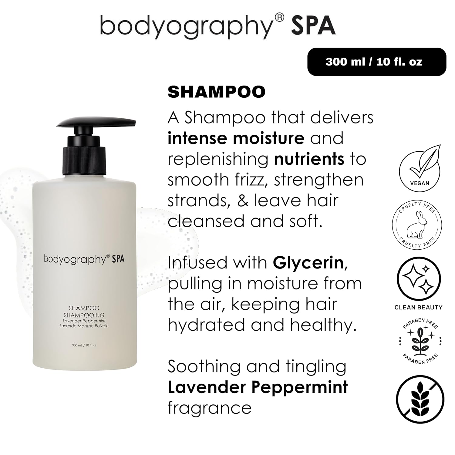Bodyography Spa Shampoo Lavender Peppermint 10 ounces | Moisturizing Vegan Hair Cleanser for Frizz Control, Strengthening, and Hydration | Unisex Paraben-Free, Gluten-Free Daily Hair Care