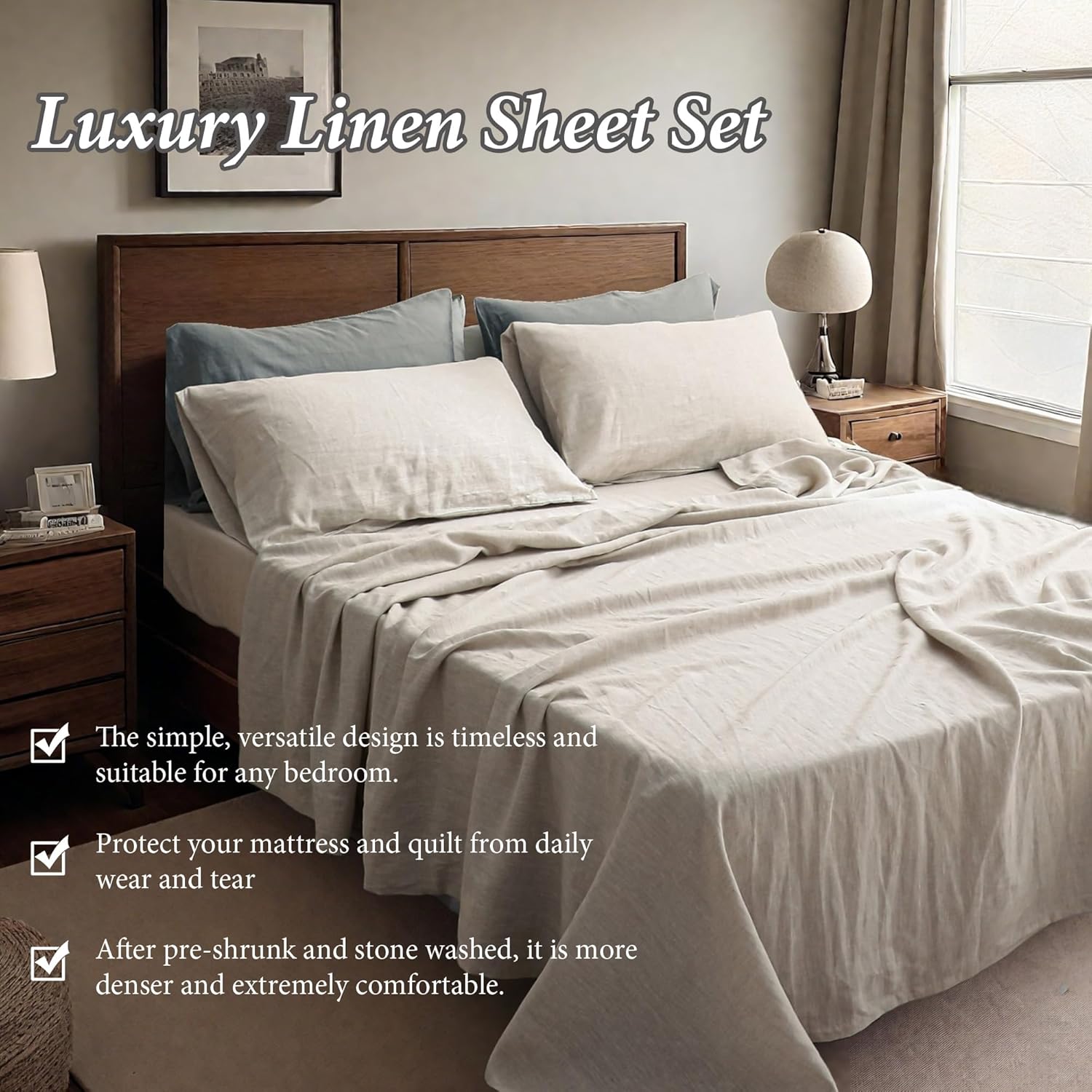 100% Natural Linen Sheets Set 4 Piece - Washed Linen Bedding Set with 16" Deep Pocket Fitted Sheet, Flat Sheet & 2 Pillowcases, Breathable Durable for All Seasons (Linen, Queen) - Image 2