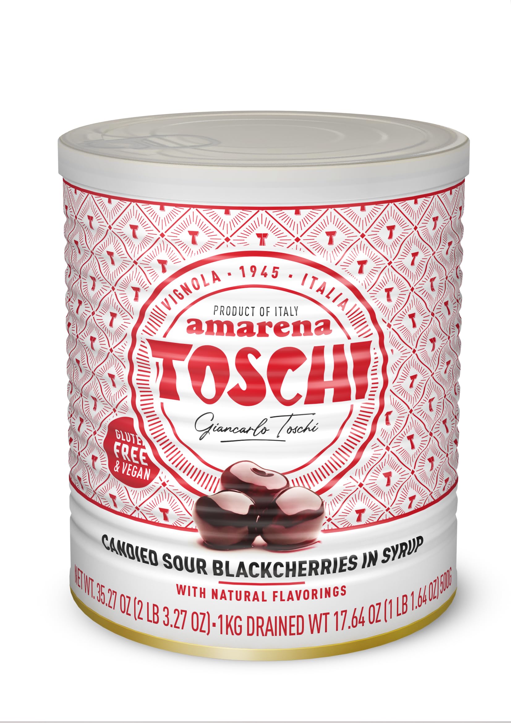 Toschi Amarena Cherries in Syrup, 2.2 Lbs (1kg) – Candied Sour Black Cherries in Rich Syrup – Italian Specialty Dessert Topping – Natural Flavorings, Non-GMO, Vegan & Gluten-Free