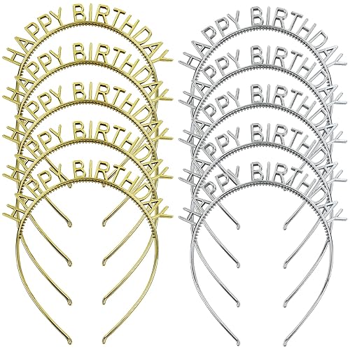 Lawie Paquete de 10 diademas de feliz cumpleaños doradas y plateadas, finas y lisas con base dura de plástico, bandas para el cabello delgadas,