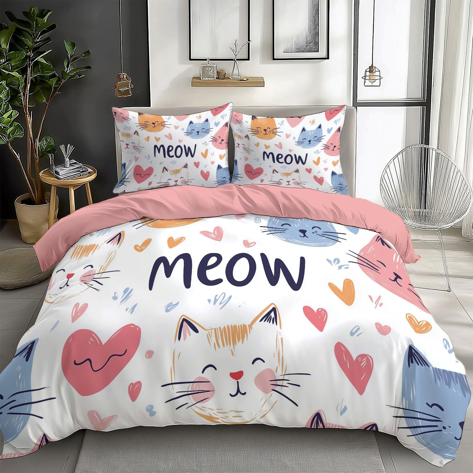 Duvet Cover King Size Cartoon Colorful Cat Reversible 3 Pieces Duvet Cover Set, Bedding Set for All Season, Soft and Breathable Bedding Set with Zipper Closure