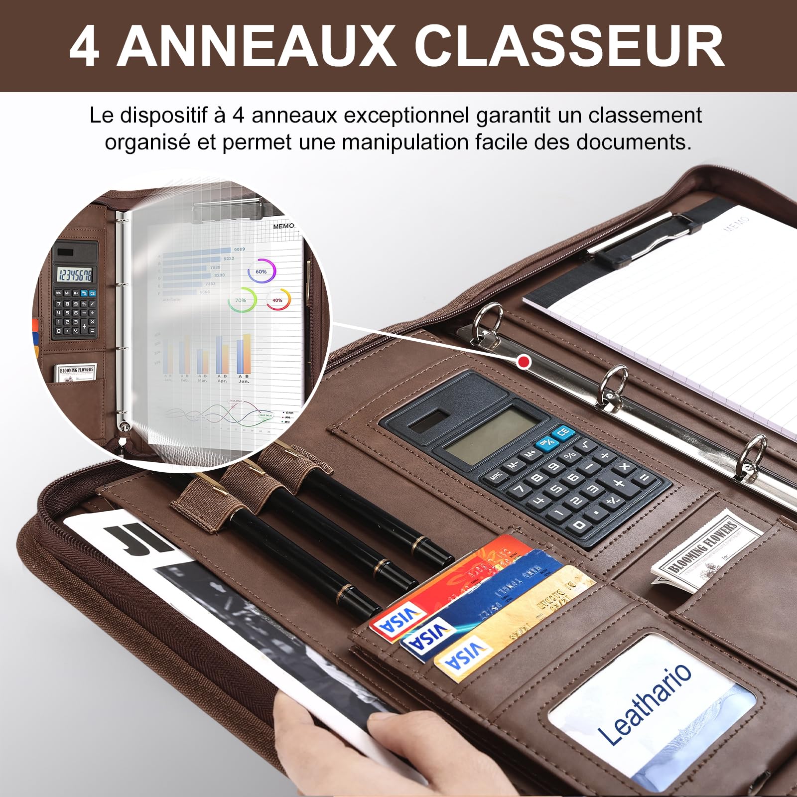 Leathario Porte Documents A4 avec Calculatrice, Portfolio avec Poignées Magnétiques en Simili Cuir, Organiseur de Conférences 4 Reliures à Anneaux, 10 Feuilles Classeuses Souples Offertes et 1 Stylo
