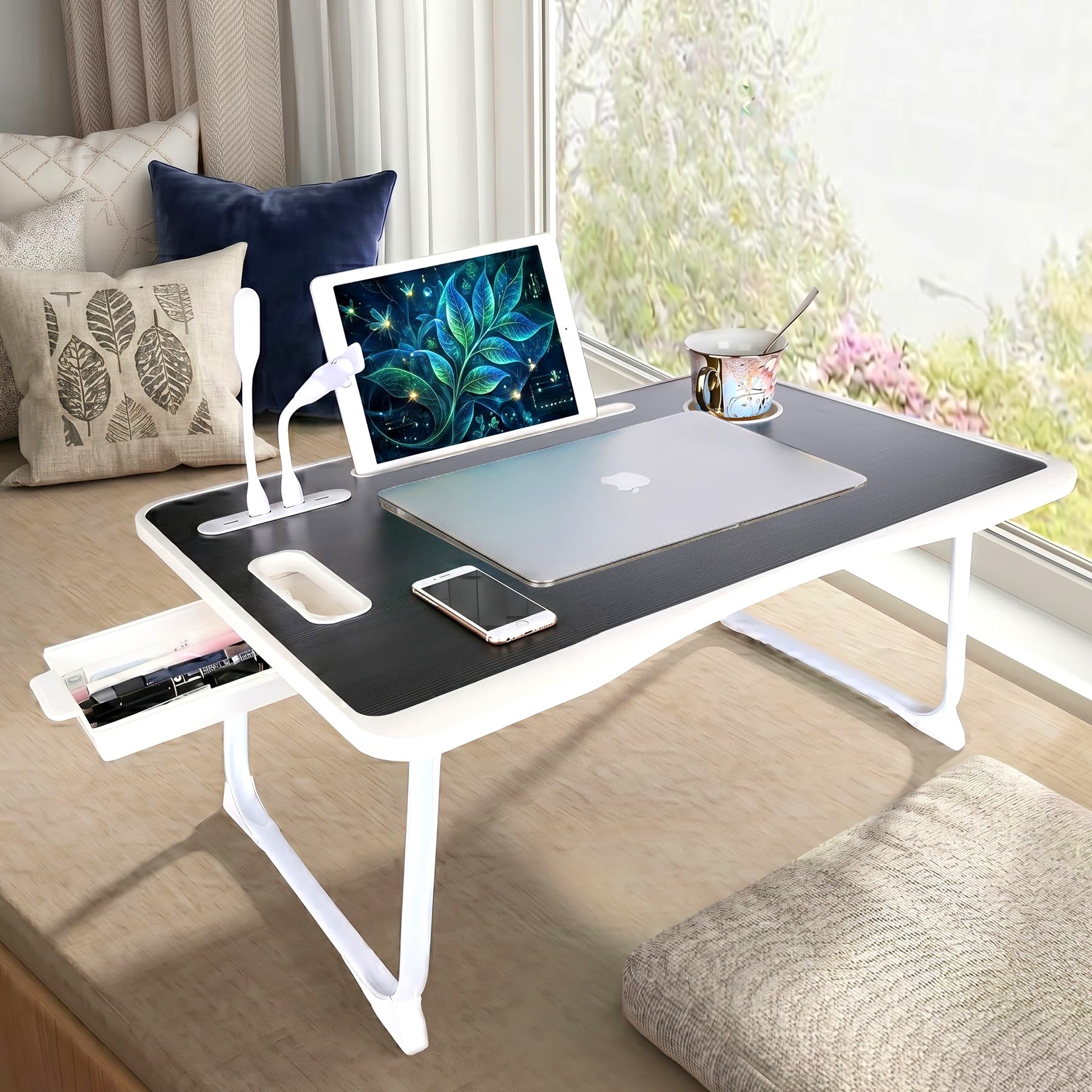 Mesa de cama para laptop, mesa de cama plegable portátil con puertos USB, cajón lateral, tarjeta de escritorio y asa, bandeja portátil para comer, trabajar, estudiar y leer