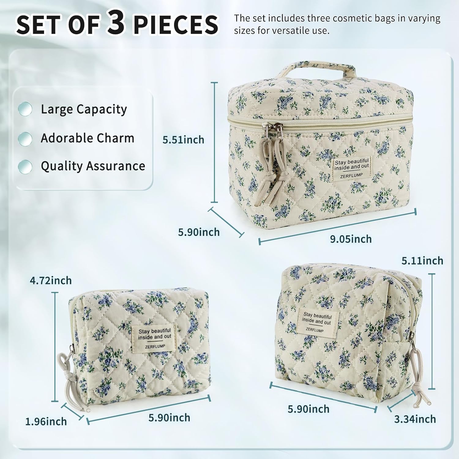 Cute Quilted Floral Makeup Bag(3Pcs)，Coquette Aesthetic Cosmetic Bag，Travel Toiletry Bags， Kawaii Aesthetic pouch for Women (4 - Little Blue Flower) - Image 3