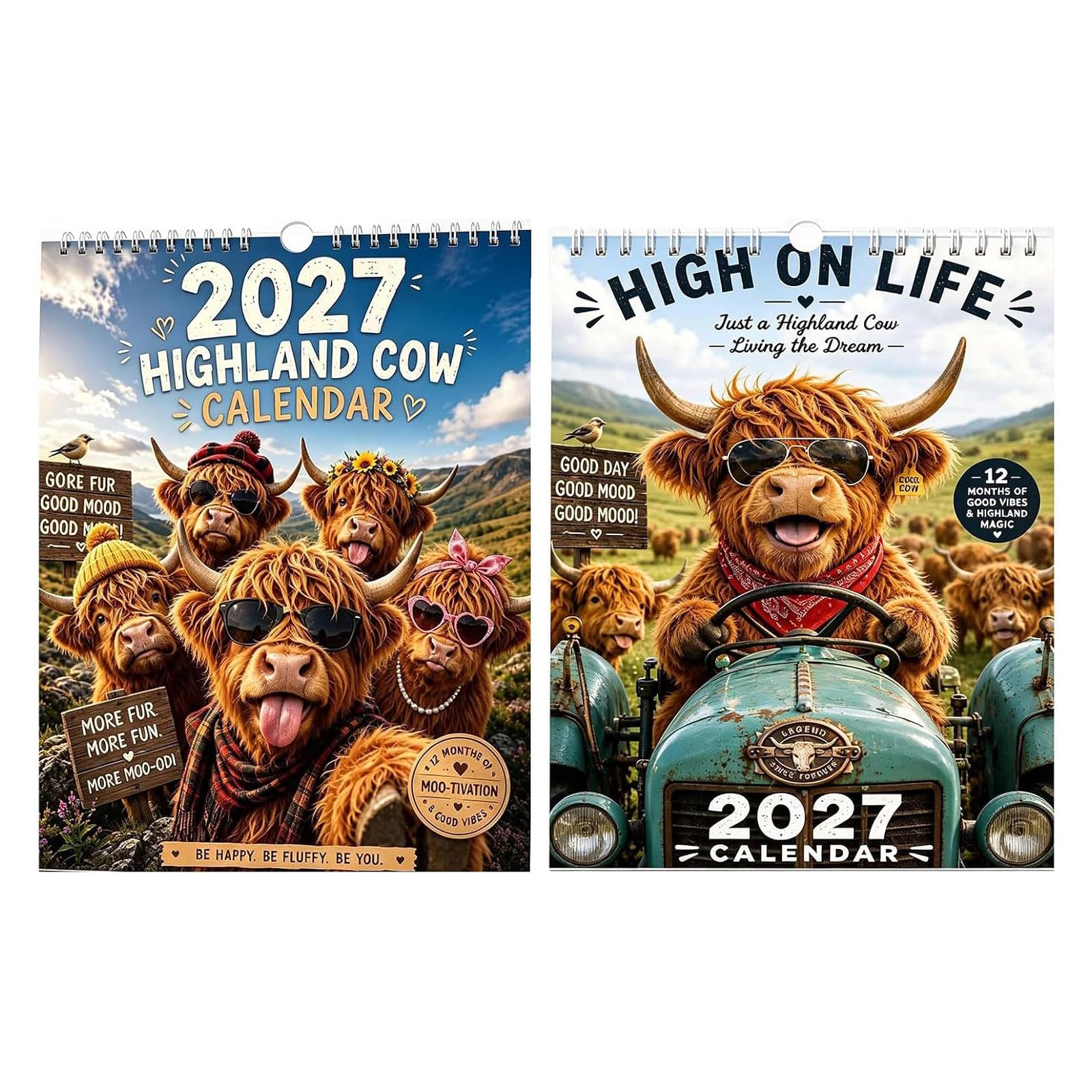 2027 Lustiger Highland Cow Wandkalender, Cartoon Highland Cow 2027 Wandkalender mit 12 Monatsdesigns | A4-Hängekalender, humorvolle Bauernhofkuh-Illustrationen, für Zuhause, Büro