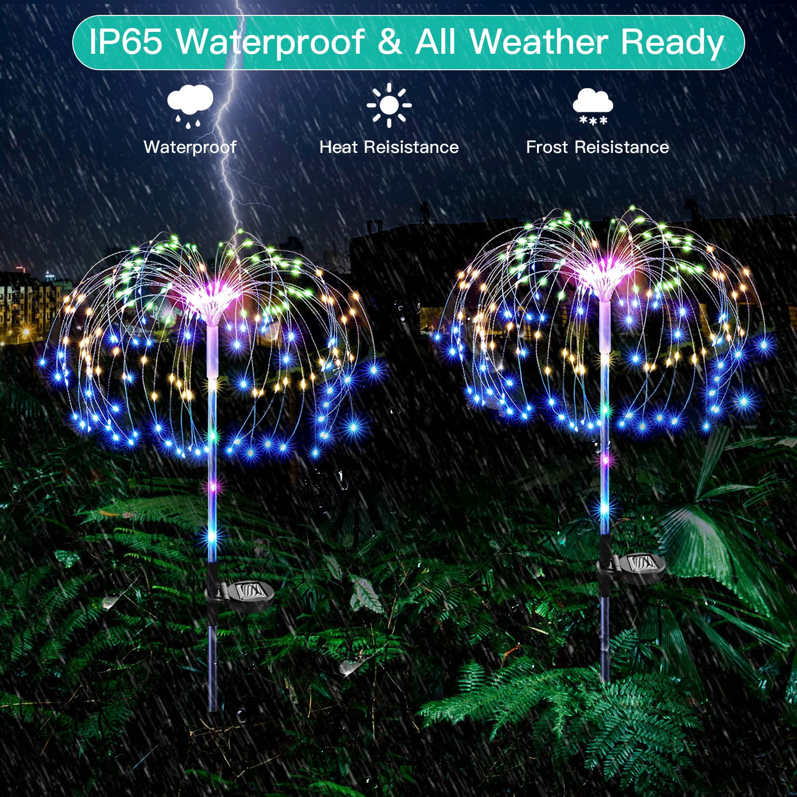 2 pezzi luce solare fuochi d'artificio per esterni, luci decorative da giardino, 120 LED, alimentate da 40 fili di rame, cortile, decorazione natalizia per feste (bianco caldo