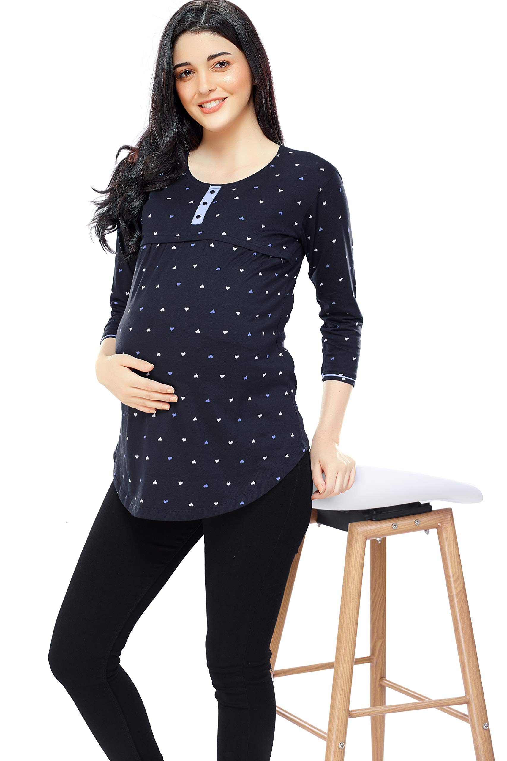 ZEYO Women's Regular Fit Cotton Maternity Navy Blue Heart Print Feeding Top 5343 - Image 5 thumbnail