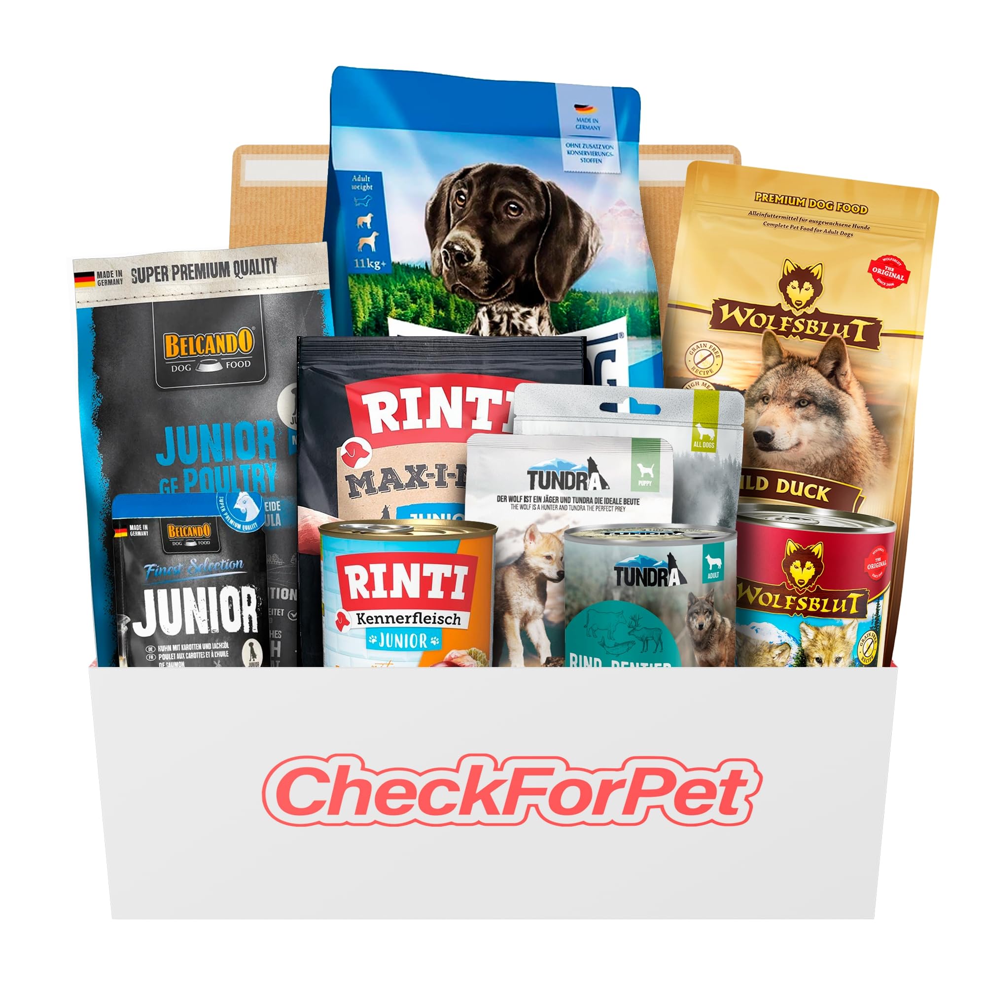 CheckForPet Hundefutter Probierpaket Junior – Probierbox für Welpen & Junghunde mit Top-Bewerteten Marken zum Testen - Futterprobe Nass- & Trockenfutter - Welpenfutter Geschenkidee