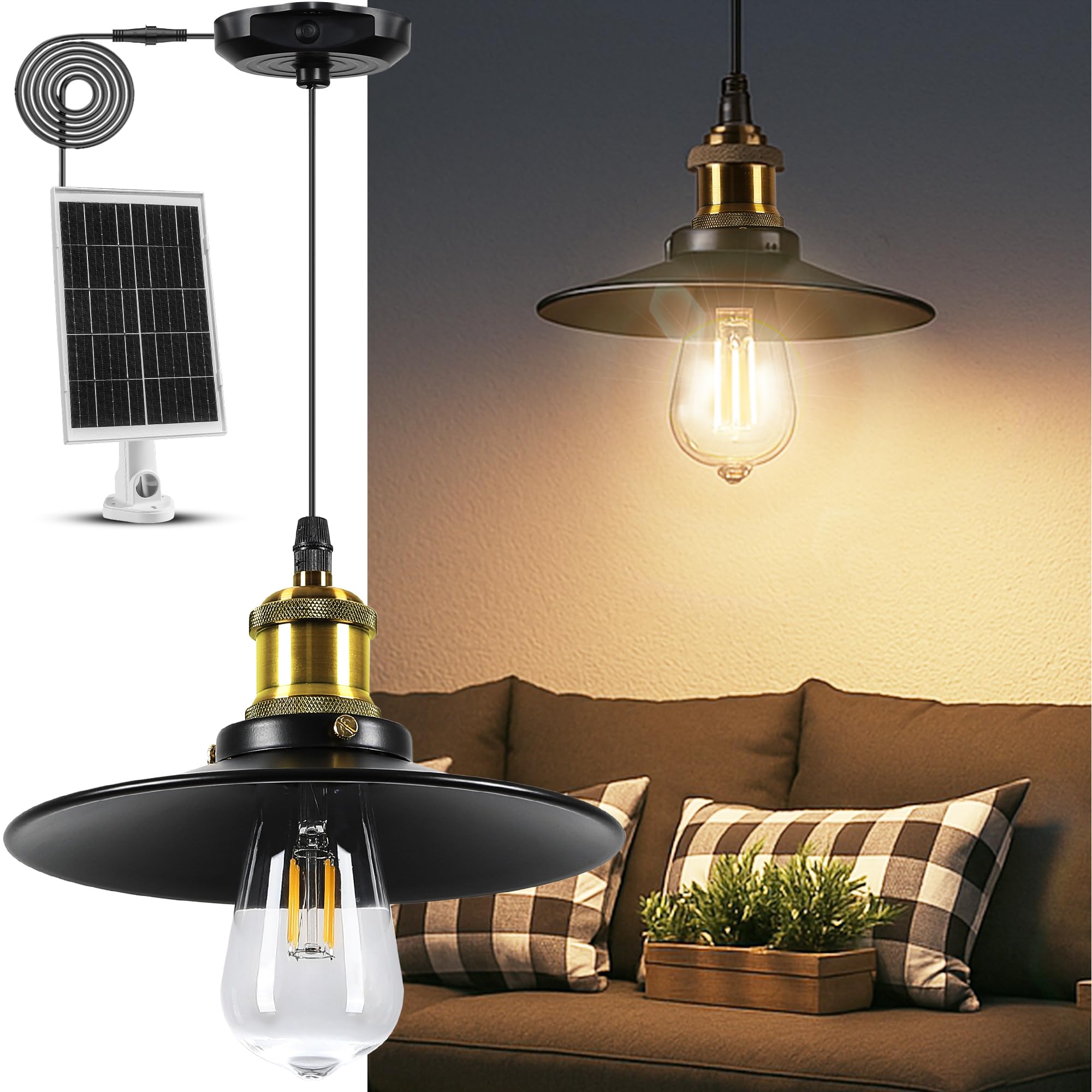 Lampara Solar Exterior Estilo Retro, 10 Niveles de Ajuste de Brillo, Lampara Solar Interior, Impermeable IP55, Ideal para Cenadores, Patios, Jardines, Garajes y Gallineros