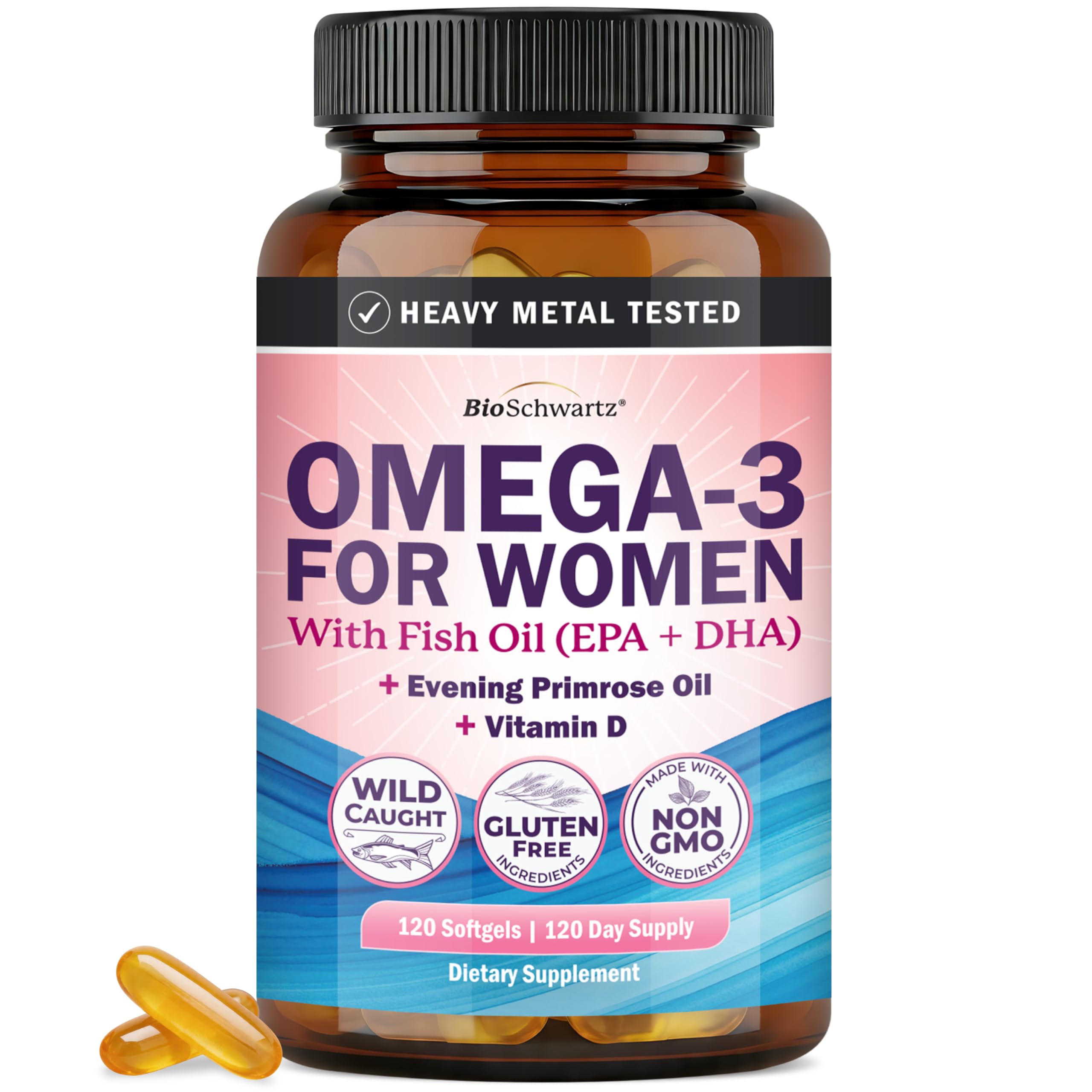Fish Oil Omega 3 Supplement for Women with Evening Primrose Oil & Vitamin D 120 Count (Pack of 1)