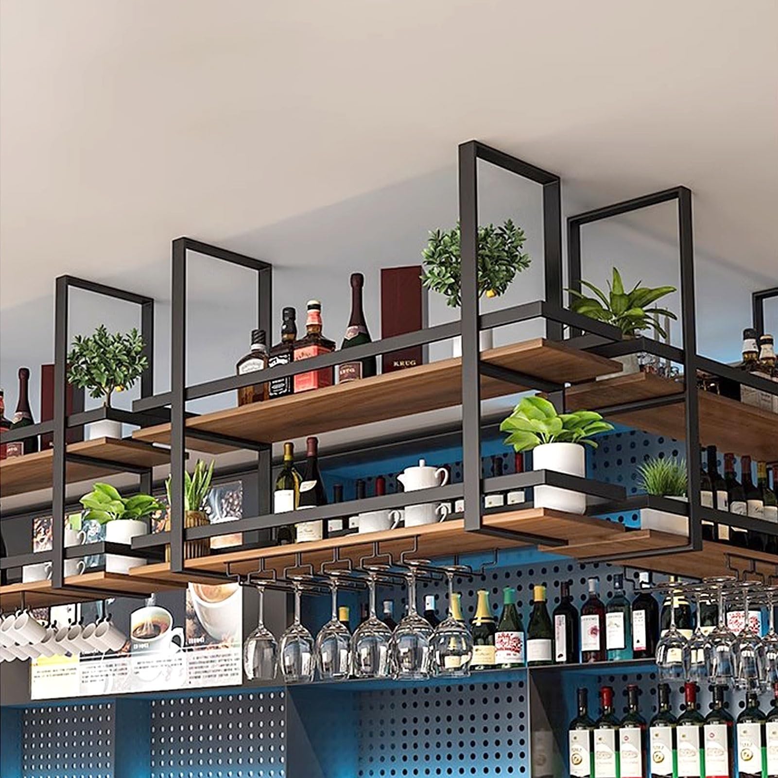 Sufitowy stojak na wino, 2-poziomowe wiszące półki na wino z wieszakiem na kieliszki, metalowa rama, wiszący uchwyt do ekspozycji napojów do kuchni, baru i jadalni(120x30x80cm)