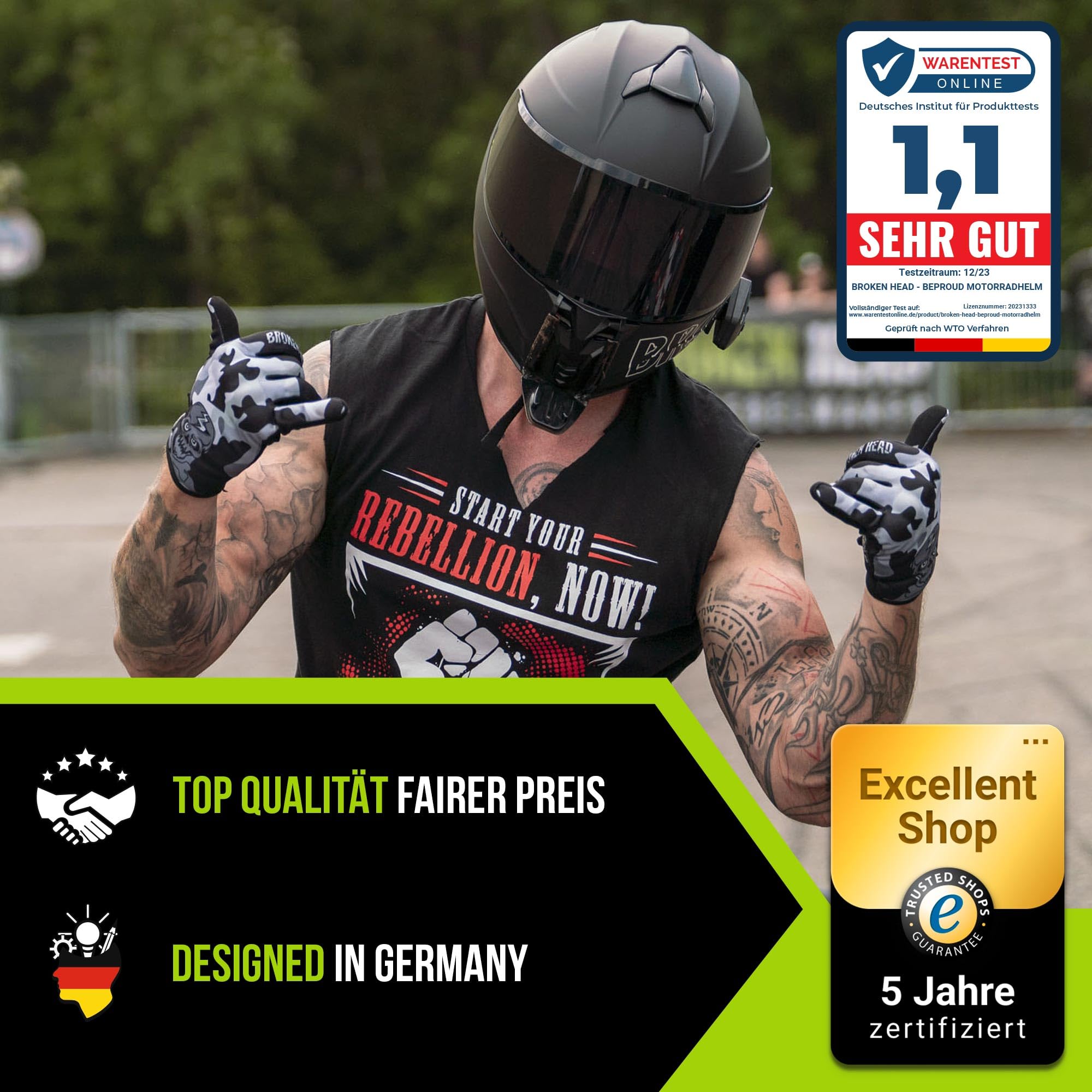Broken Head Integralhelm BeProud Sport - Leichter Motorradhelm mit 2 Visieren (Klar + Schwarz), Verstellbare Belüftung - ECE 22-06