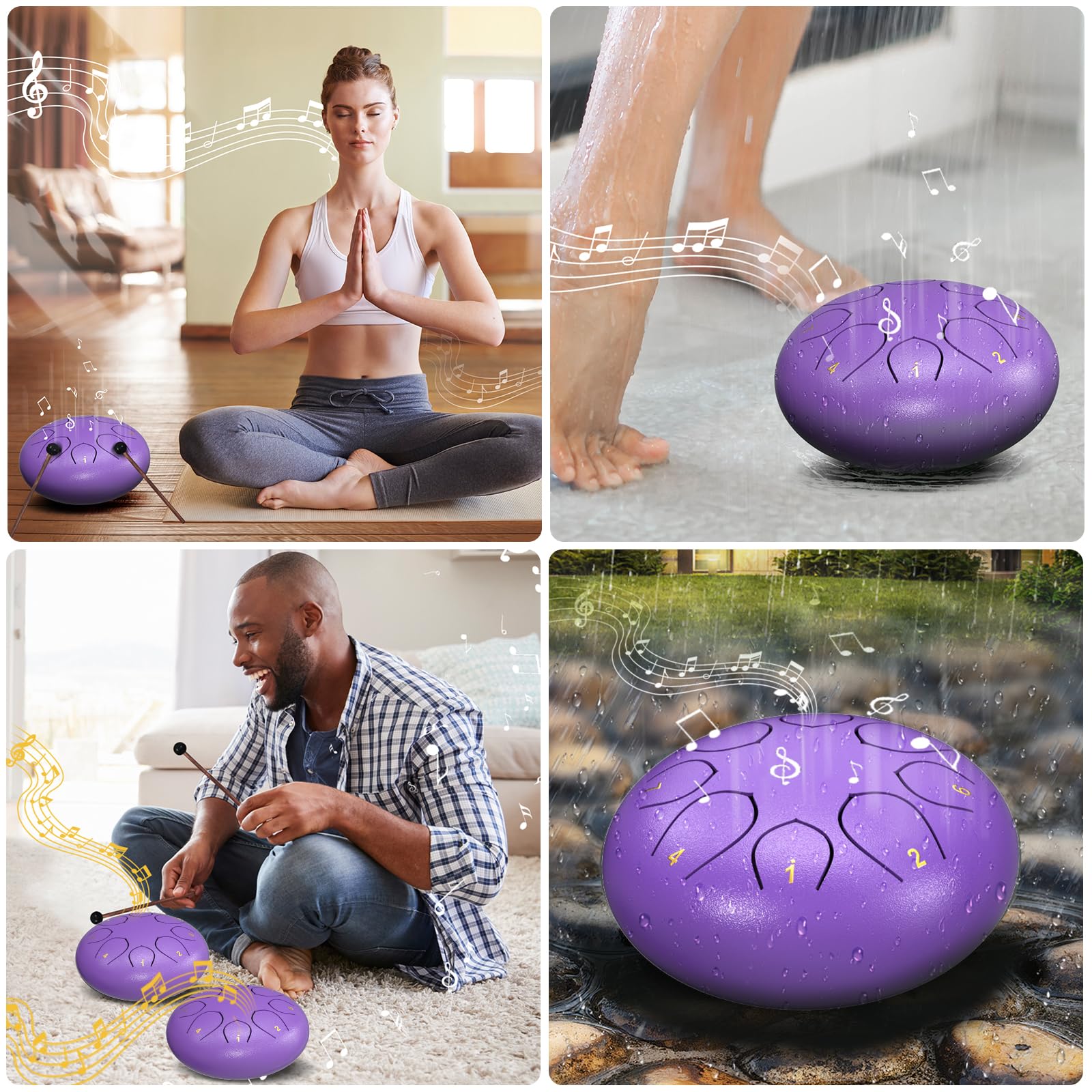 Rain Drum for Outside Garden, 6 Inches 8 Notes Steel Tongue Drums, Waterproof Meditation Echo Rain Chime, Musical Instruments for Adult Gift with Bag, Music Book, Mallets (Purple) 6