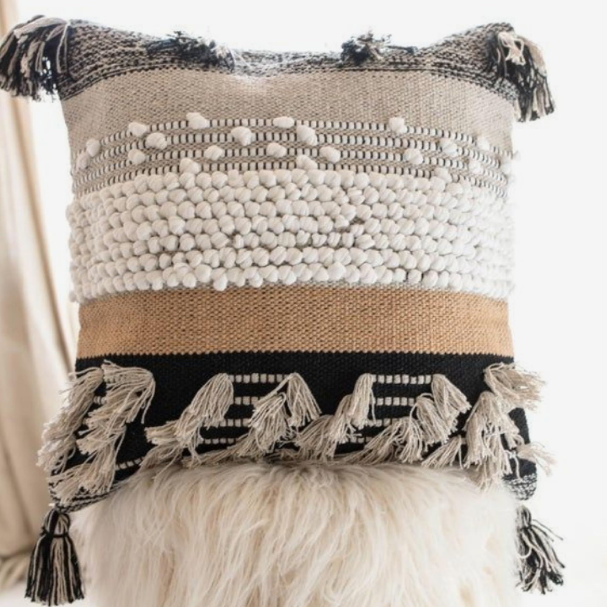 COZYDEKO Throw Boho Pillow Cover, 18”x18” Bohemian Moroccan Rustic Decorative Pillows with Tufted Accents, Plush Handwoven Cotton, Textured Woven Neutral Farmhouse Scandinavian Home Decor